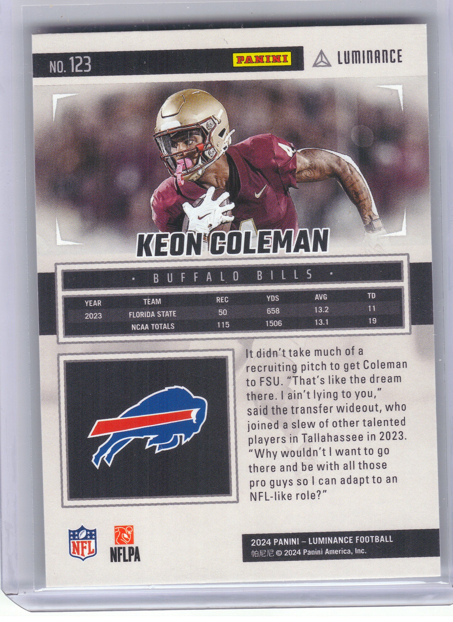 2024 Panini Luminance #123 Keon Coleman Buffalo Bills RC
