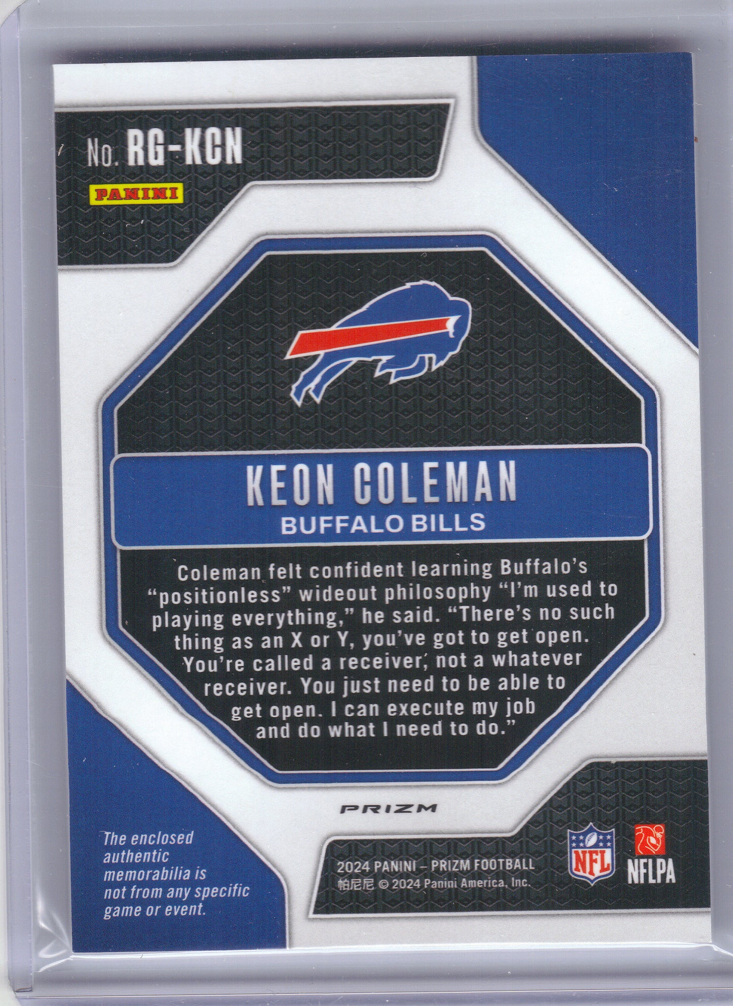 2024 Panini Prizm #RG-KCN Keon Coleman Rookie Gear Buffalo Bills MEM