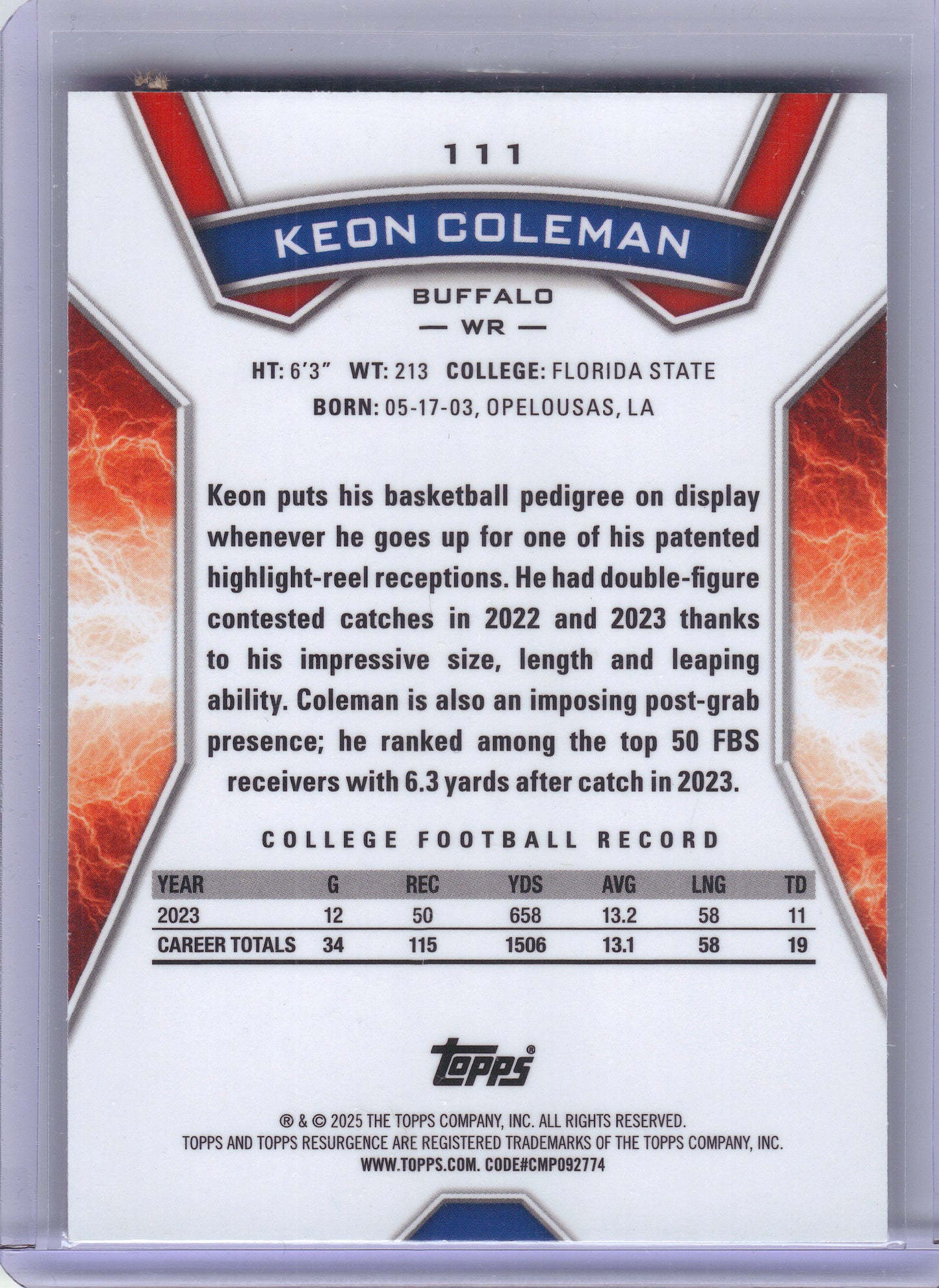 2024 Topps Resurgence #111 Keon Coleman Buffalo Bills RC