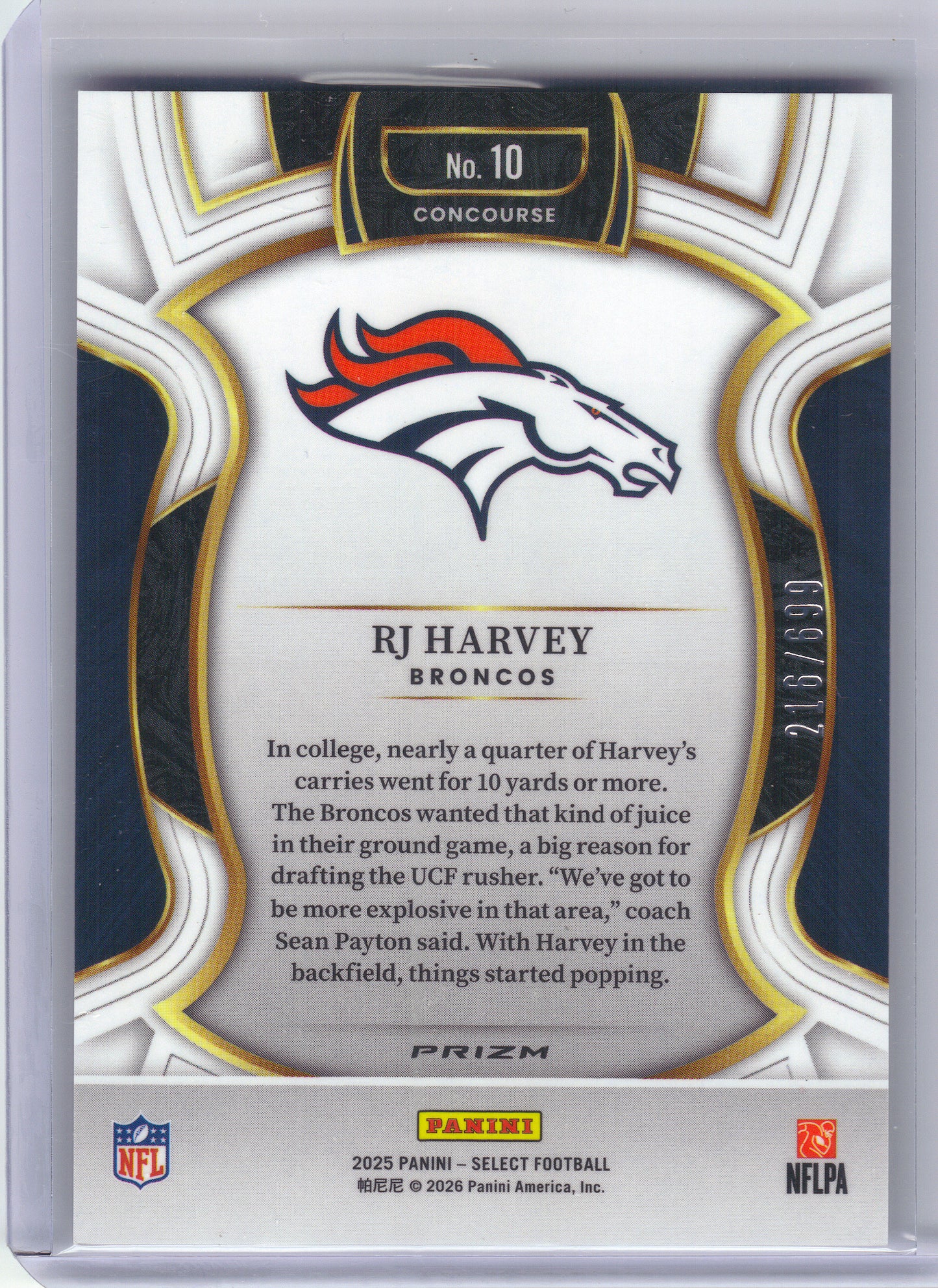 2025 Panini Select #10 RJ Harvey Purple Prizm Shock #/699 Denver Broncos SN