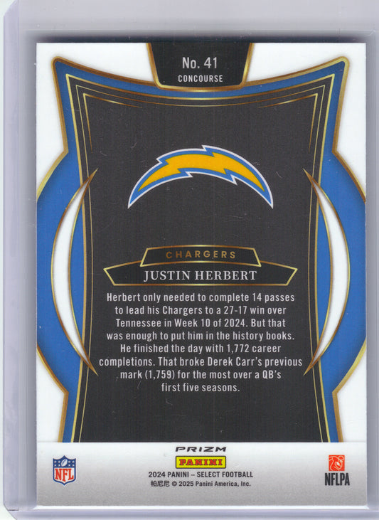 2024 Panini Select #41 Justin Herbert Black & Blue Prizm Shock Los Angeles Chargers