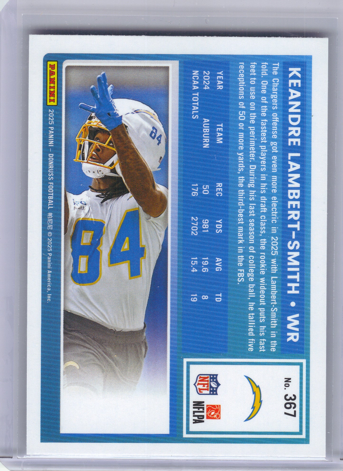 2025 Donruss #367 KeAndre Lambert-Smith Press Proofs Purple Los Angeles Chargers RC