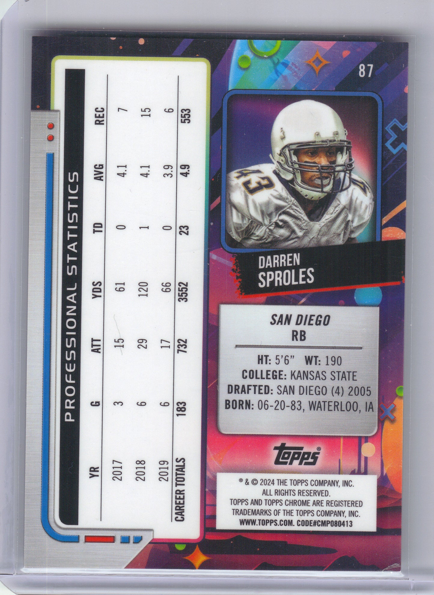 2024 Topps Chrome Cosmic #87 Darren Sproles Black Eclipse Refractors #/10 San Diego Chargers SN