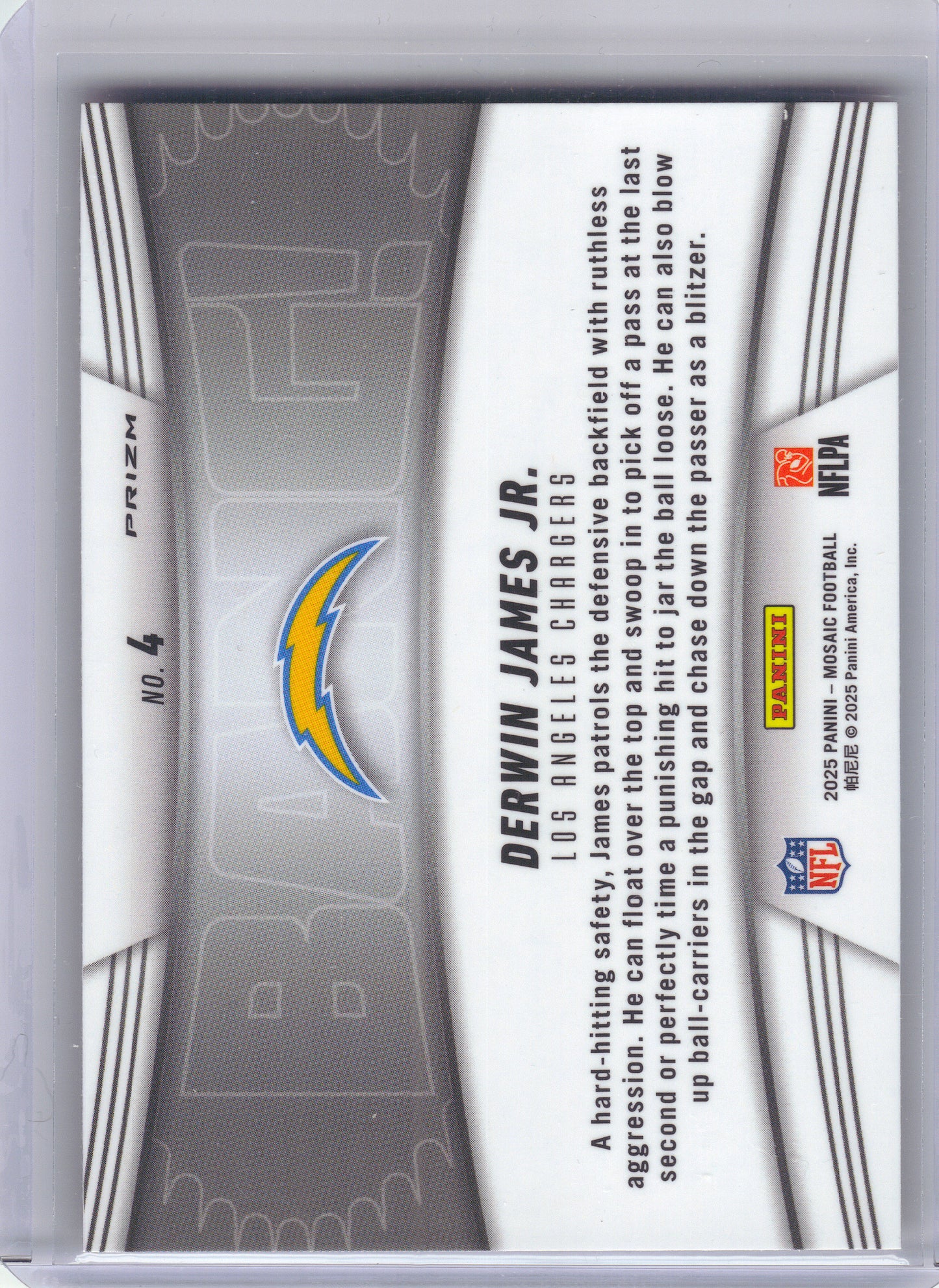 2025 Panini Mosaic #4 Derwin James Jr. Bang! Mosaic Orange Fluorescent Los Angeles Chargers