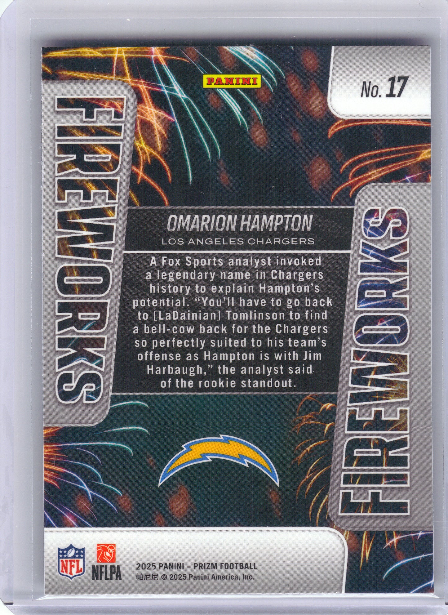 2025 Panini Prizm #17 Omarion Hampton Fireworks Los Angeles Chargers