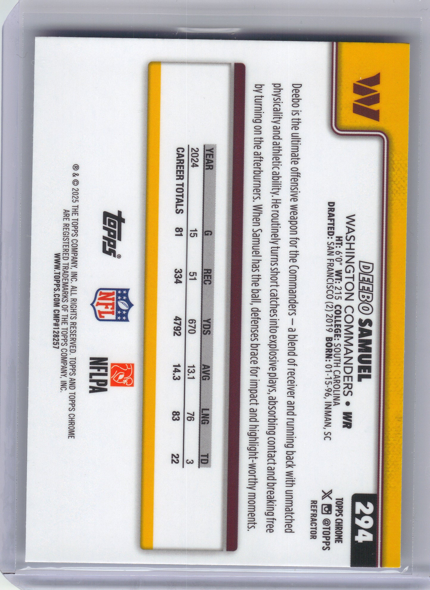 2025 Topps Chrome #294 Deebo Samuel Refractor Washington Commanders