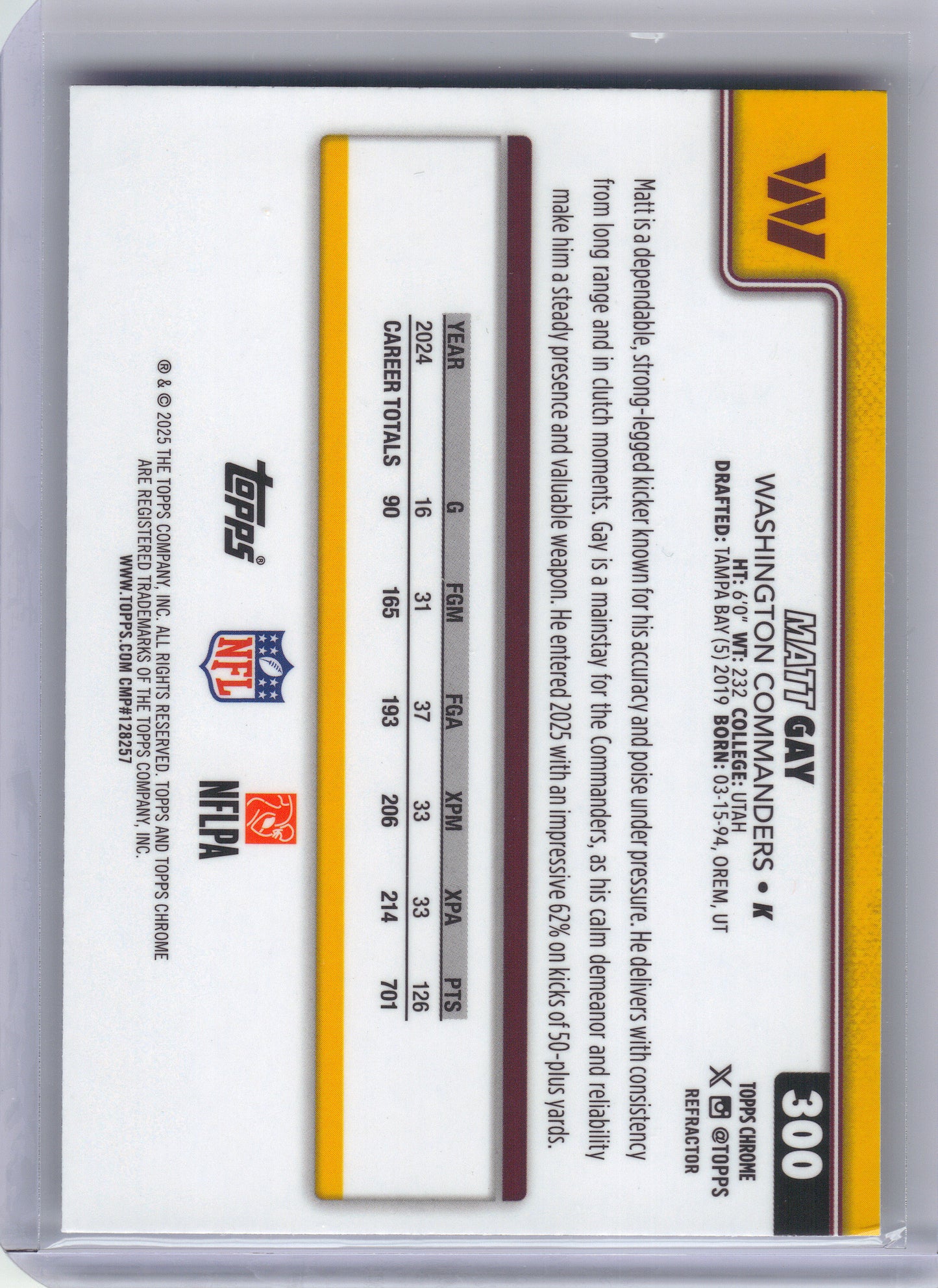2025 Topps Chrome #300 Matt Gay Refractor Washington Commanders