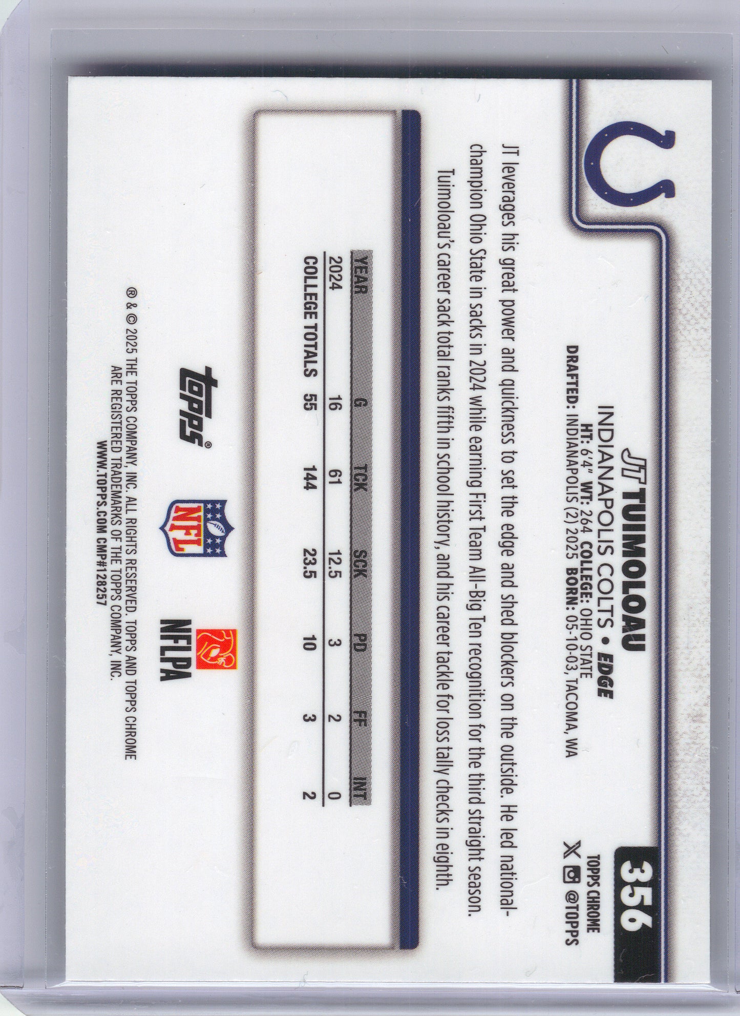 2025 Topps Chrome #356 JT Tuimoloau X-Fractor Indianapolis Colts RC