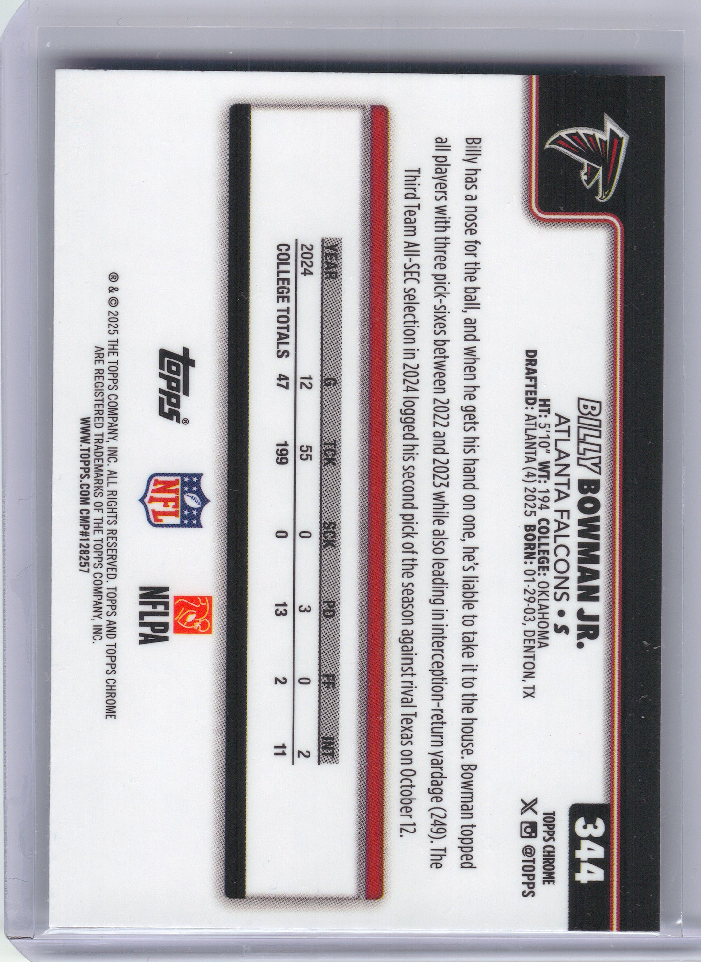 2025 Topps Chrome #344 Billy Bowman Jr. X-Fractor Atlanta Falcons RC