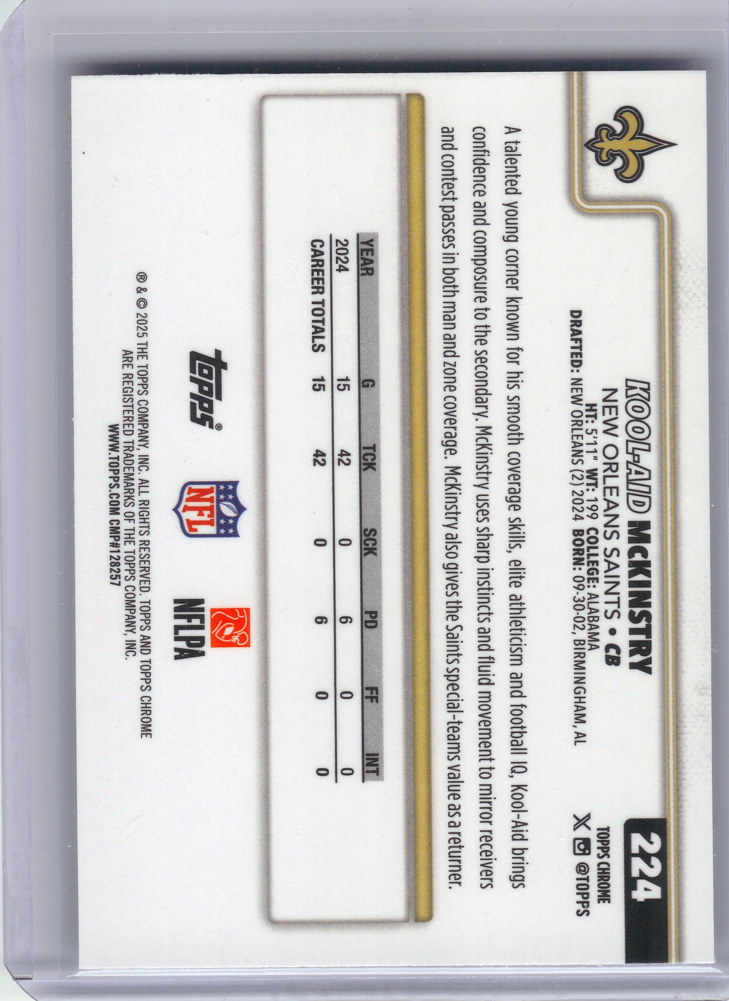 2025 Topps Chrome #224 Kool-Aid McKinstry Pulsar Refractor New Orleans Saints