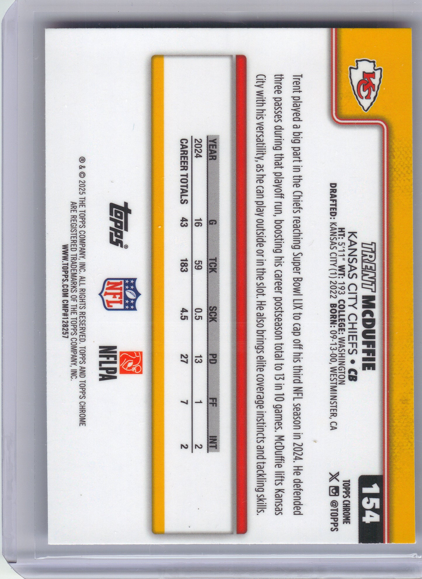 2025 Topps Chrome #154 Trent McDuffie Red White and Blue Refractor Kansas City Chiefs