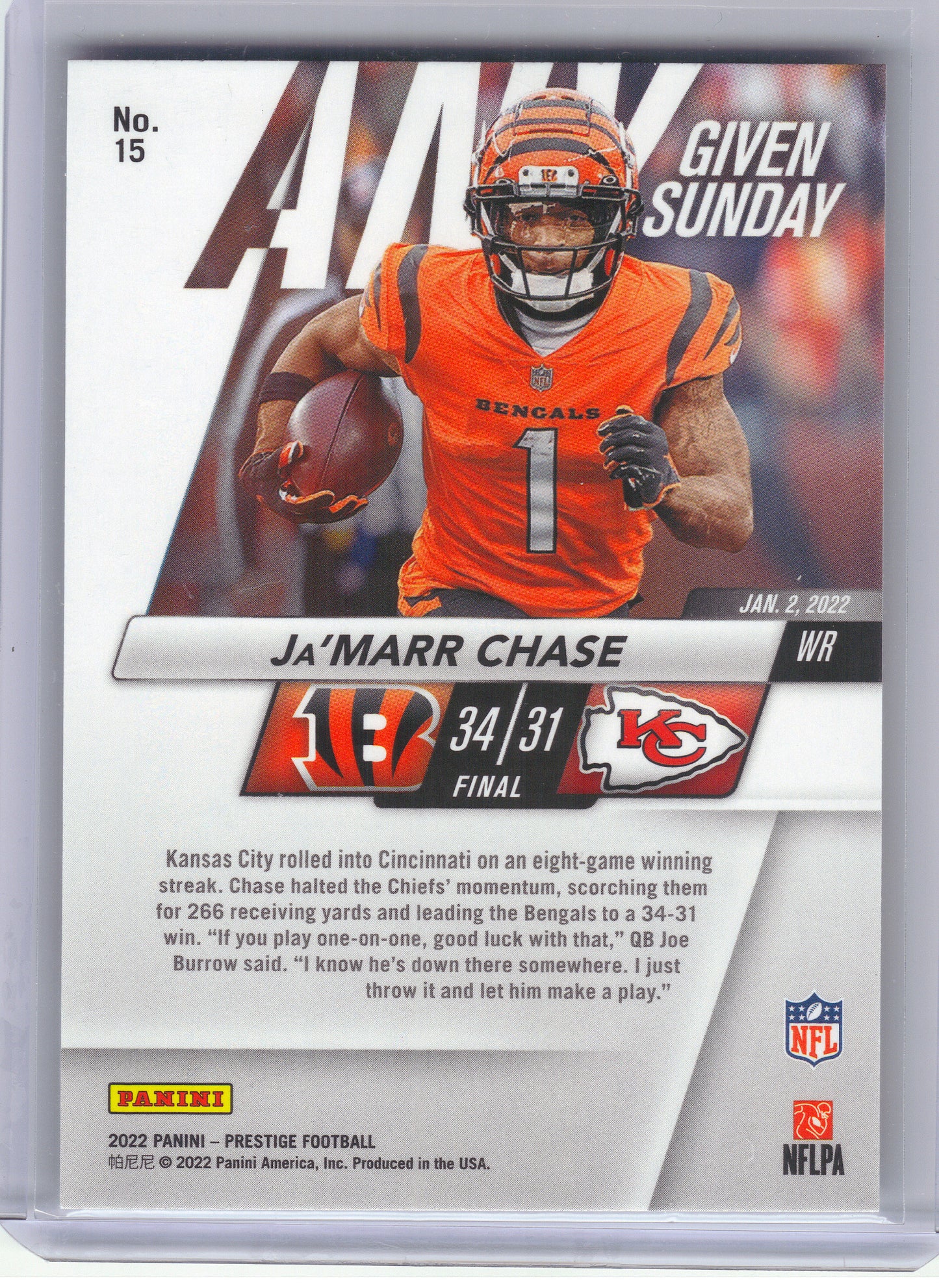2022 Panini Prestige #15 Ja'Marr Chase Any Given Sunday Cincinnati Bengals