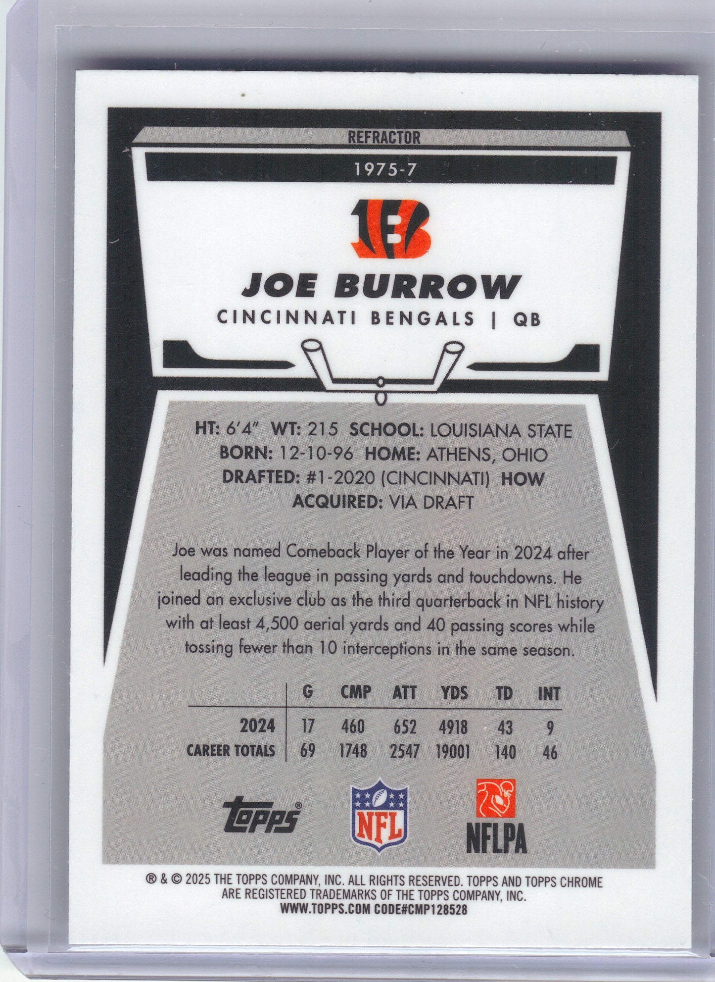 2025 Topps Chrome #1975-7 Joe Burrow 1975 Topps Refractor Cincinnati Bengals