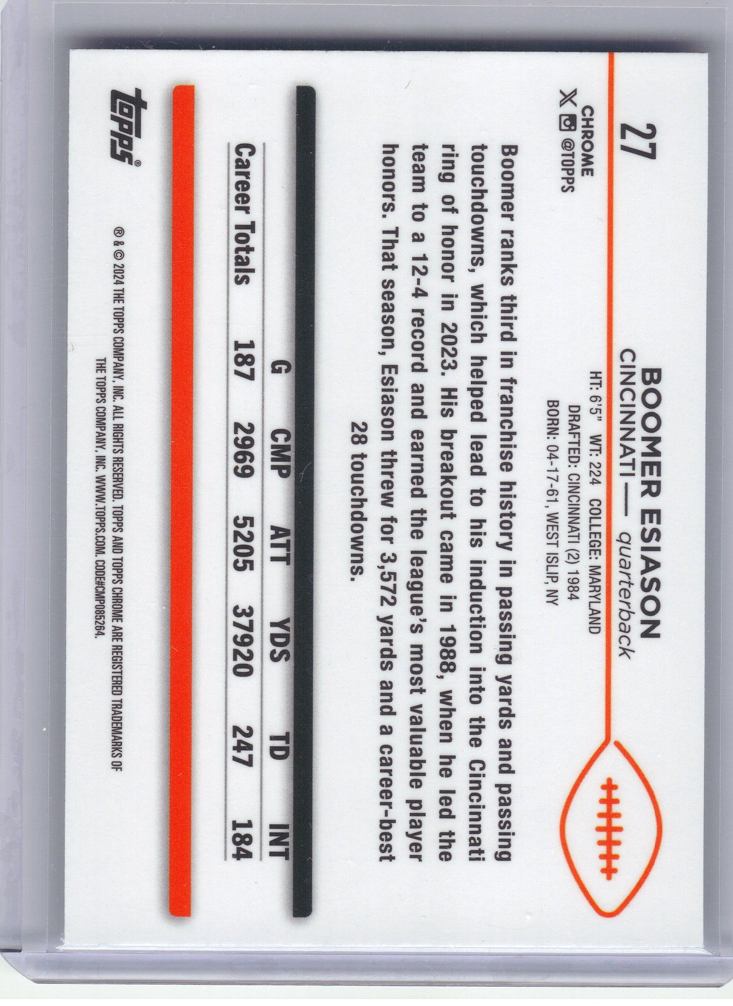 2024 Topps Chrome #27 Boomer Esiason Prism Refractor Cincinnati Bengals