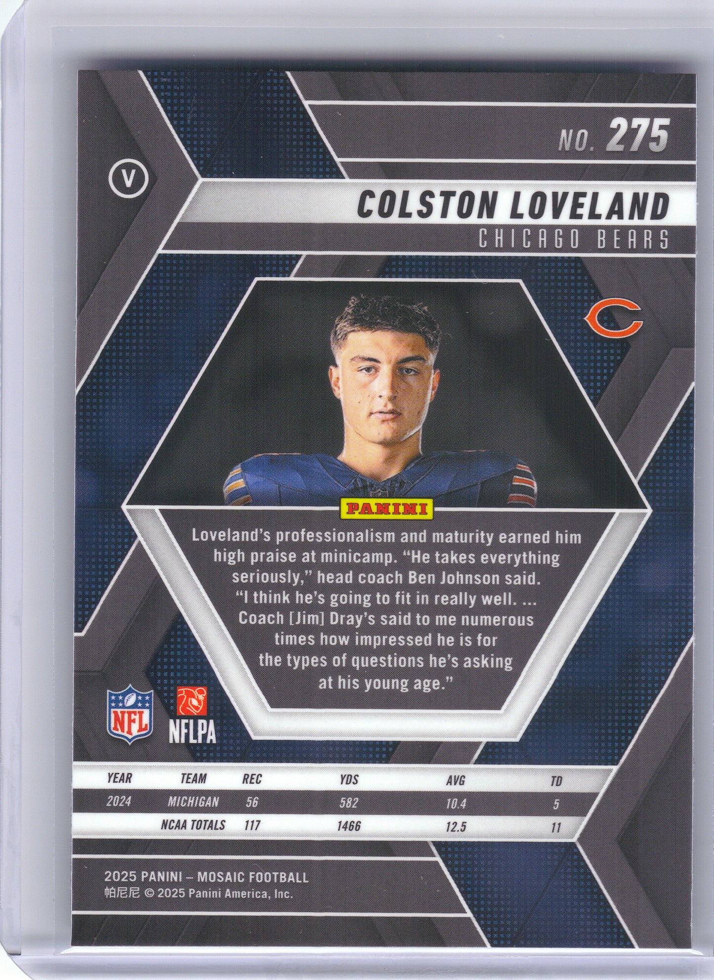 2025 Panini Mosaic #275 Colston Loveland V Chicago Bears RC