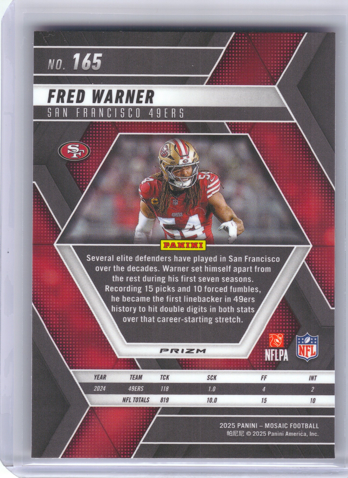 2025 Panini Mosaic #165 Fred Warner Mosaic Red Color Match San Francisco 49ers