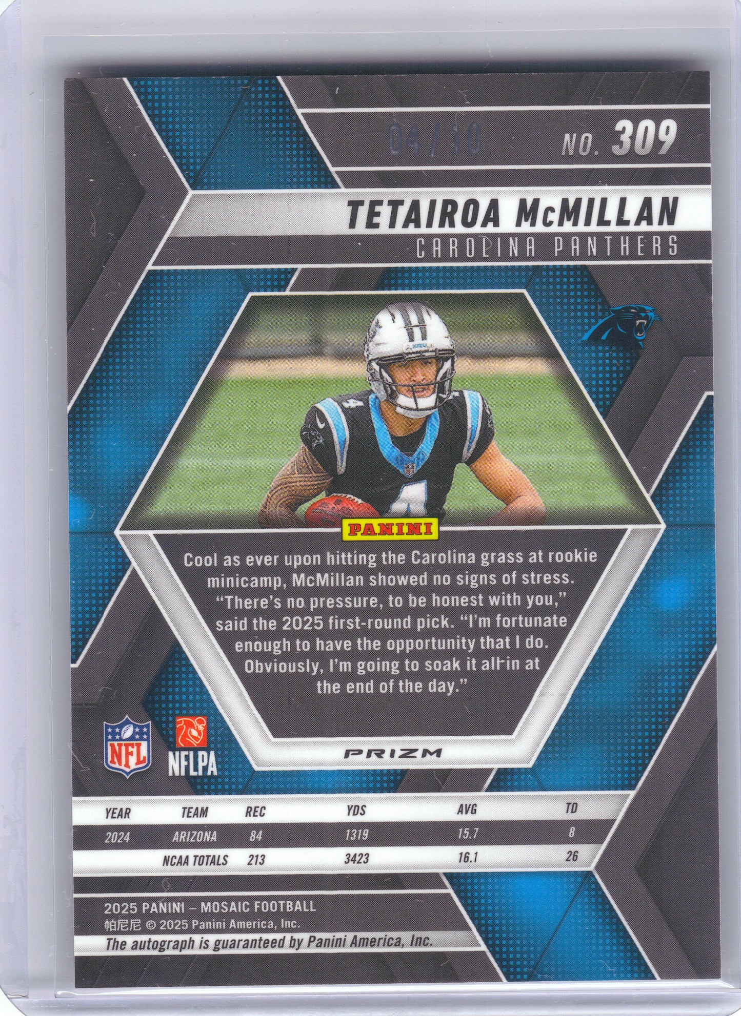 2025 Panini Mosaic #309 Tetairoa McMillan Rookie Autographs Mosaic Gold #/10 Carolina Panthers SN,RC,AU