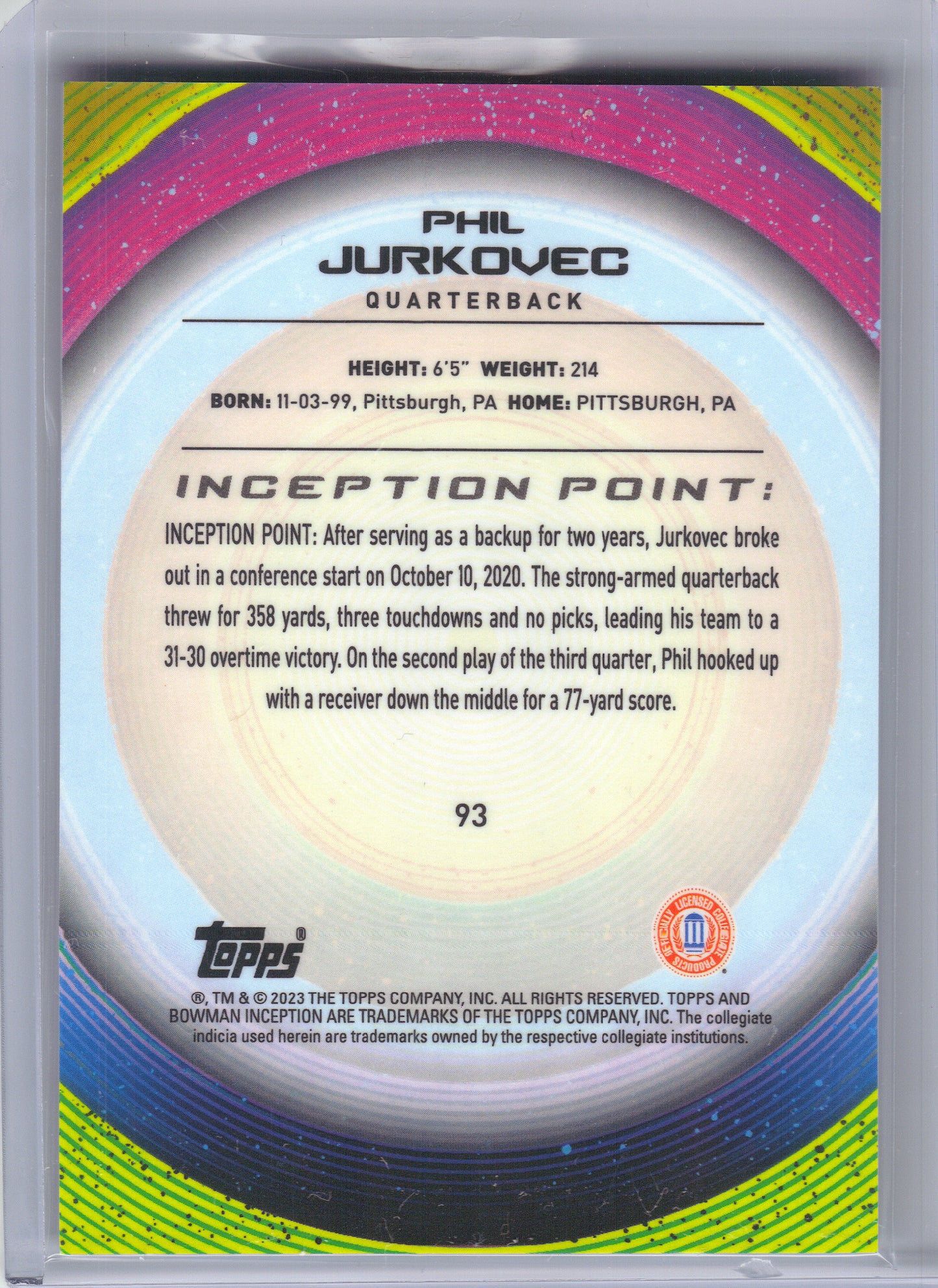 2022-23 Bowman University Inception #93 Phil Jurkovec Pittsburgh Panthers