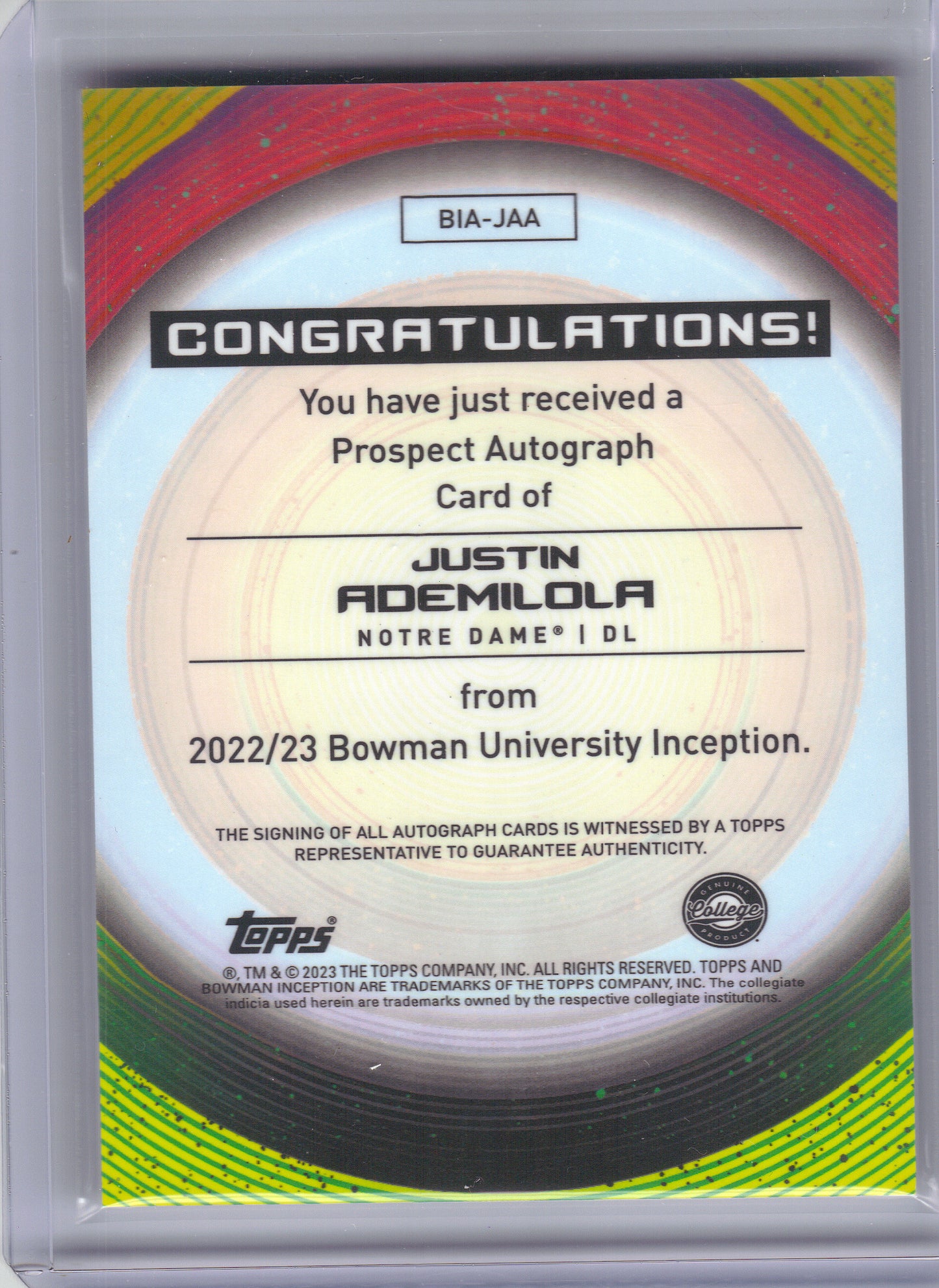 2022-23 Bowman University Inception #BIA-JAA Justin Ademilola Base Autographs Notre Dame Fighting Irish AU