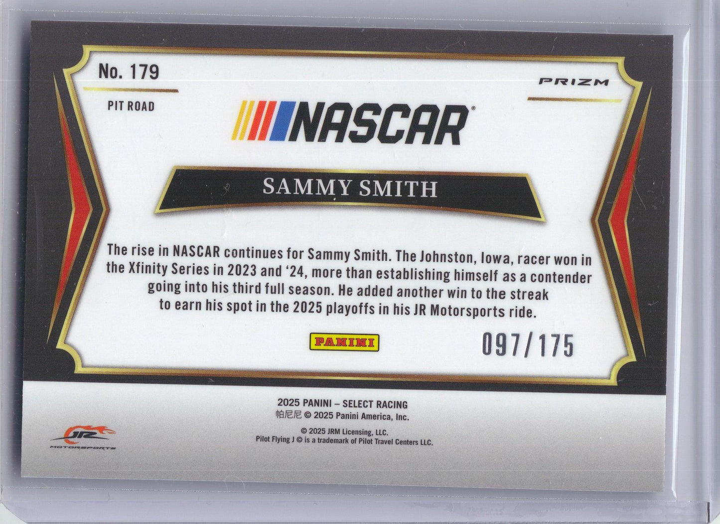 2025 Panini Select #179 Sammy Smith Blue Prizms #/175 JR Motorsports SN
