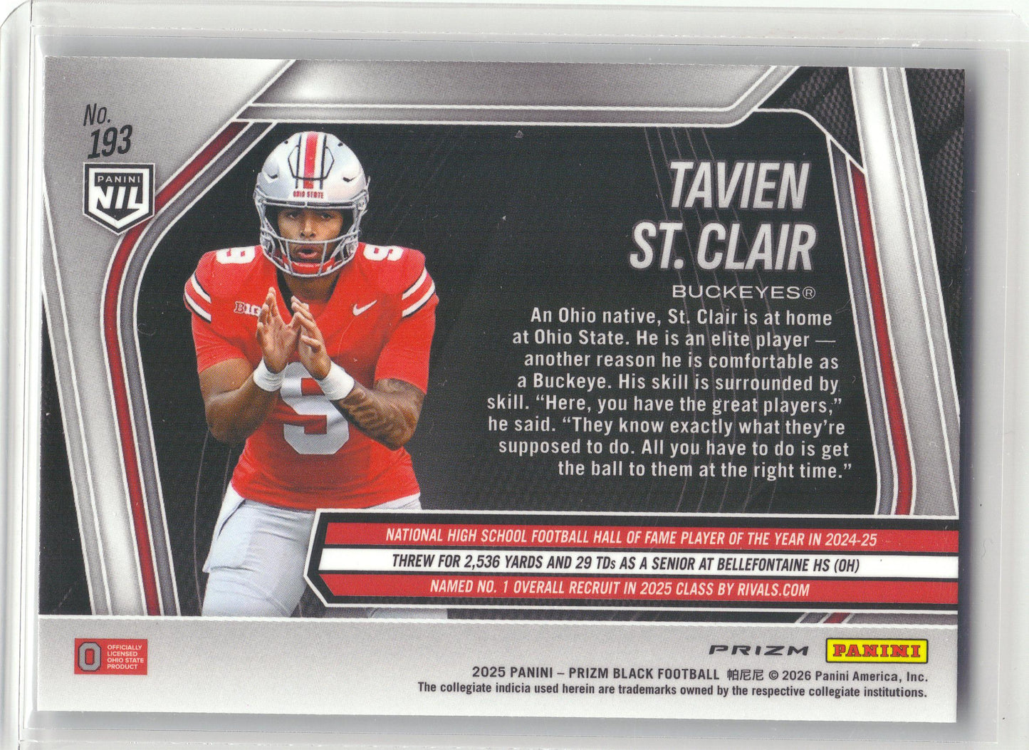 2025 Panini Prizm Black #193 Tavien St. Clair Prizms Silver Ohio State Buckeyes