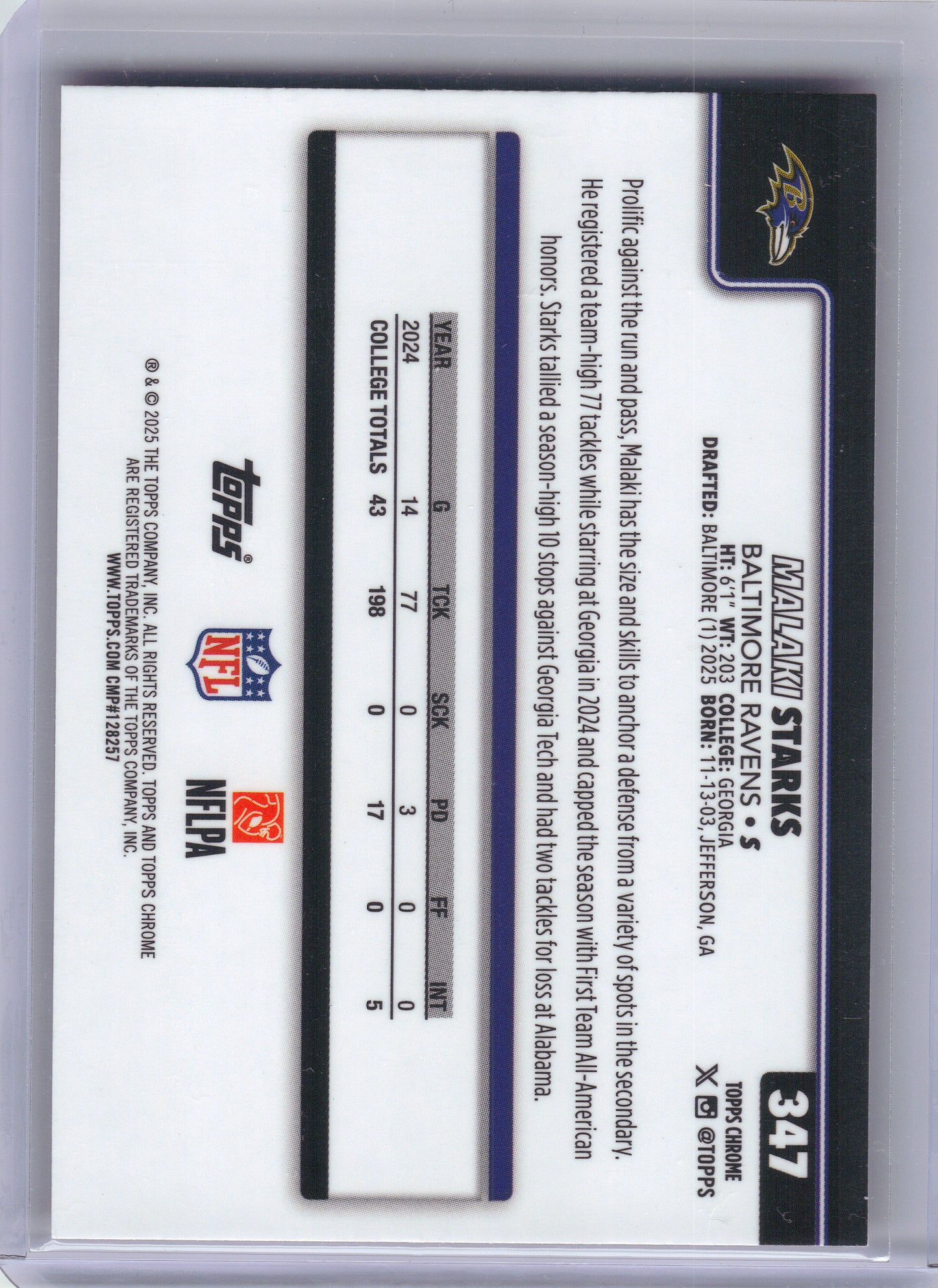 2025 Topps Chrome #347 Malaki Starks Hot Pink X-Fractor Baltimore Ravens RC