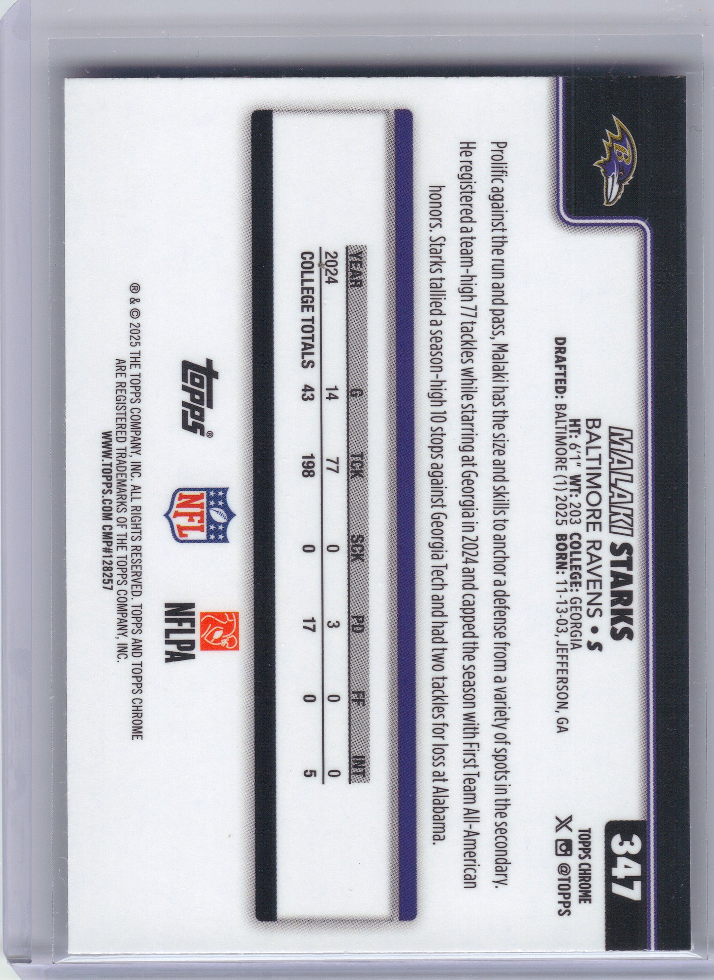 2025 Topps Chrome #347 Malaki Starks X-Fractor Baltimore Ravens RC