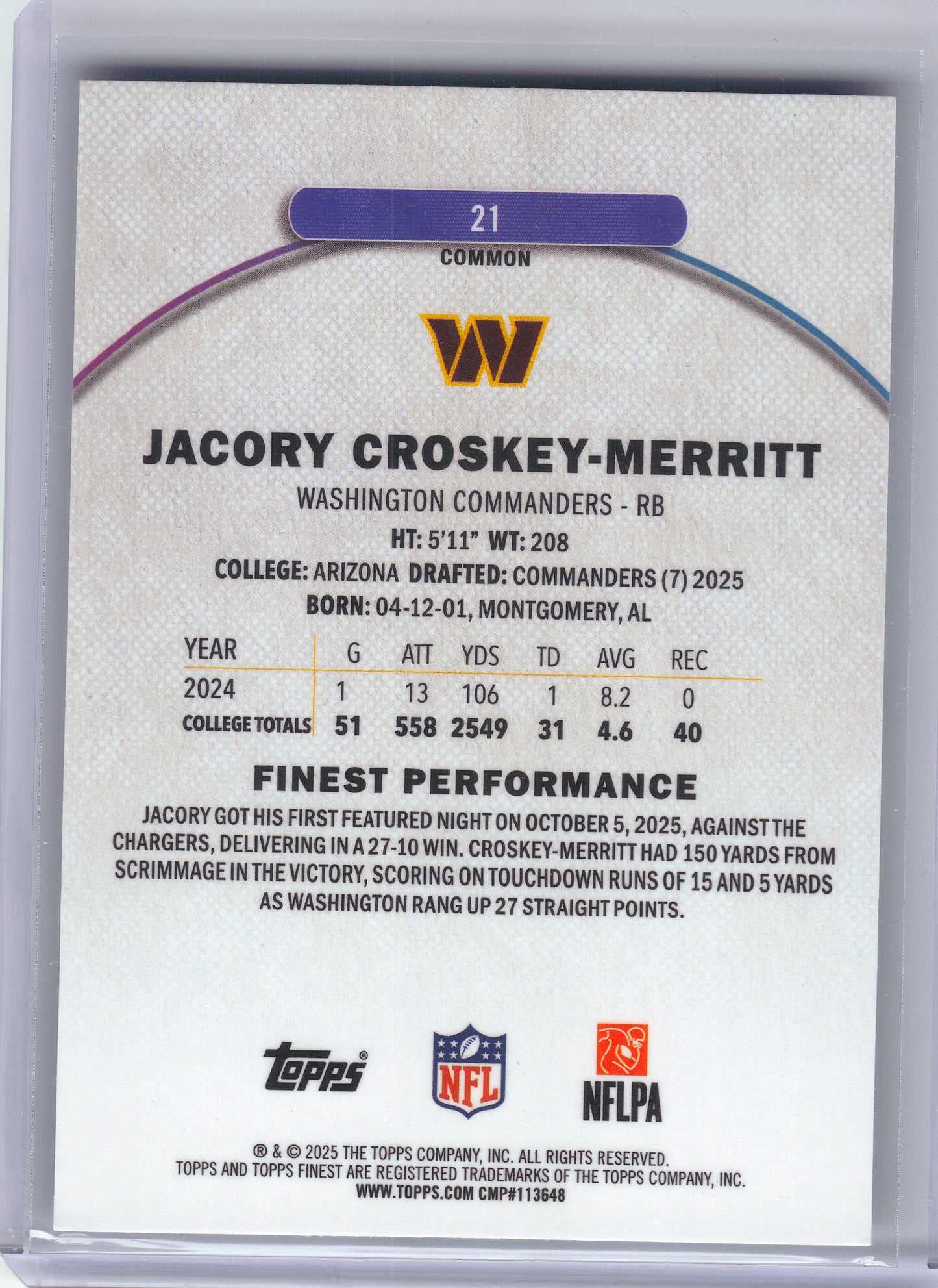 2025 Finest #21 Jacory Croskey-Merritt Washington Commanders RC