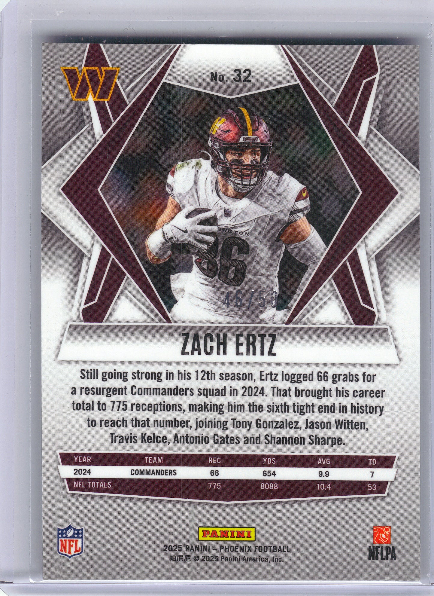 2025 Panini Phoenix #32 Zach Ertz Teal Mojo Prizm #/50 Washington Commanders SN