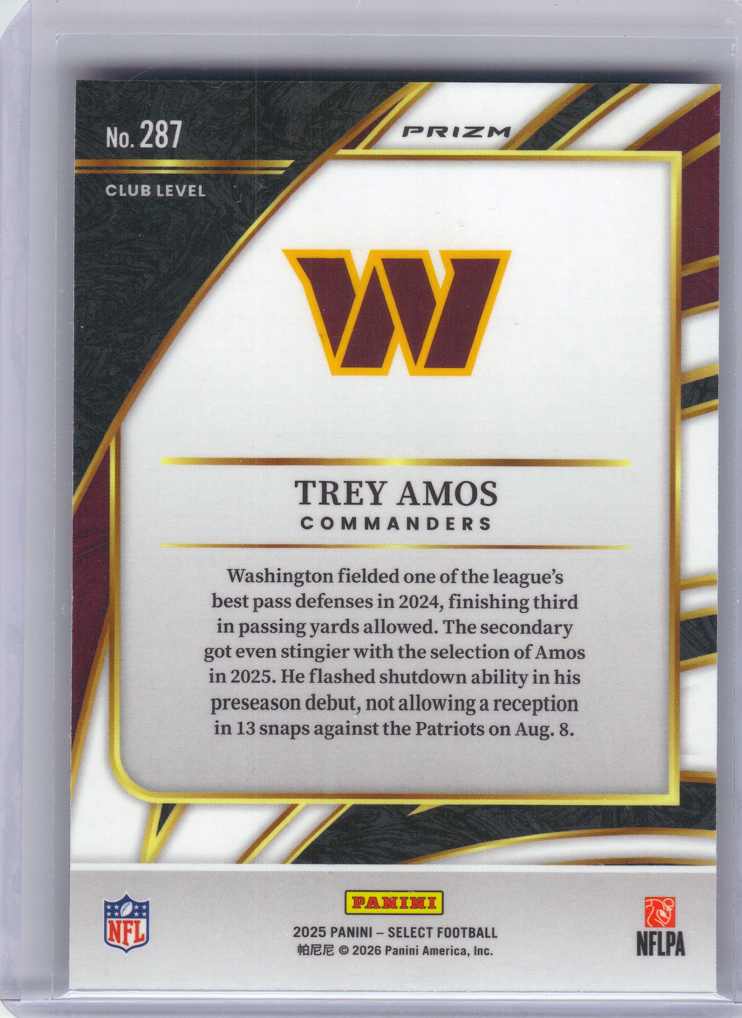 2025 Panini Select #287 Trey Amos Pink Prizm Shock Washington Commanders