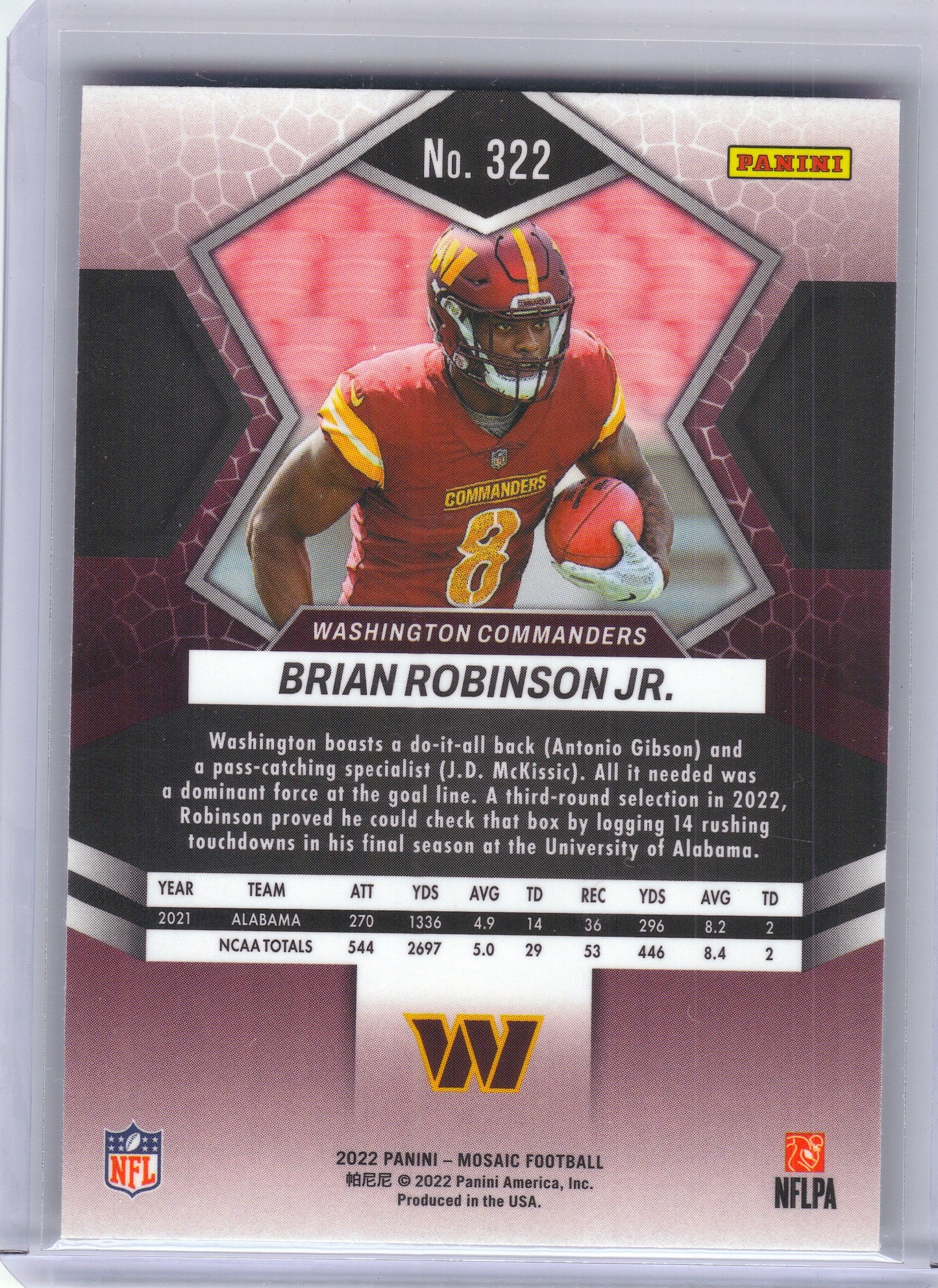 2022 Panini Mosaic #322 Brian Robinson Jr. Washington Commanders RC