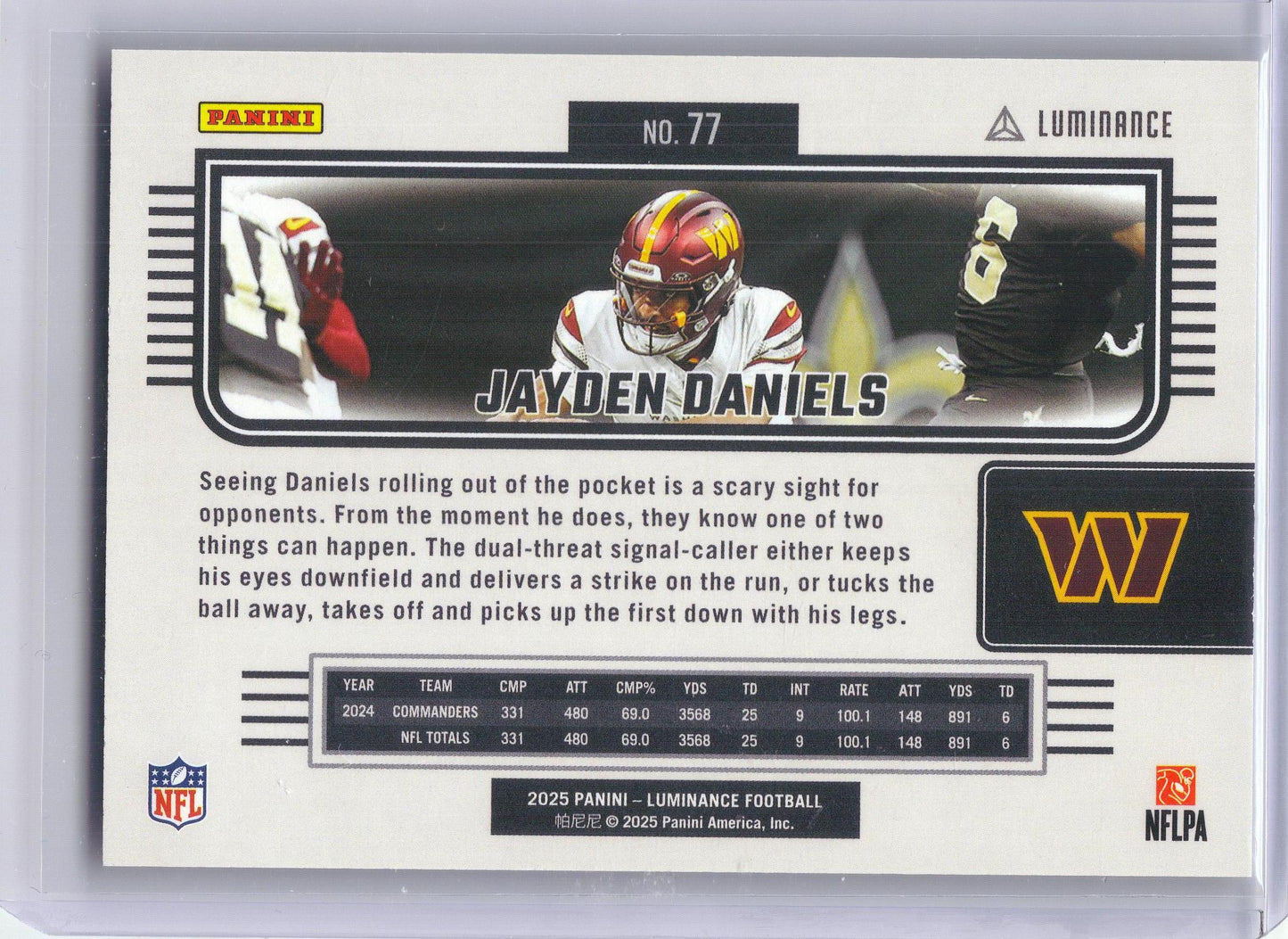 2025 Panini Luminance #77 Jayden Daniels Gold #/299 Washington Commanders SN