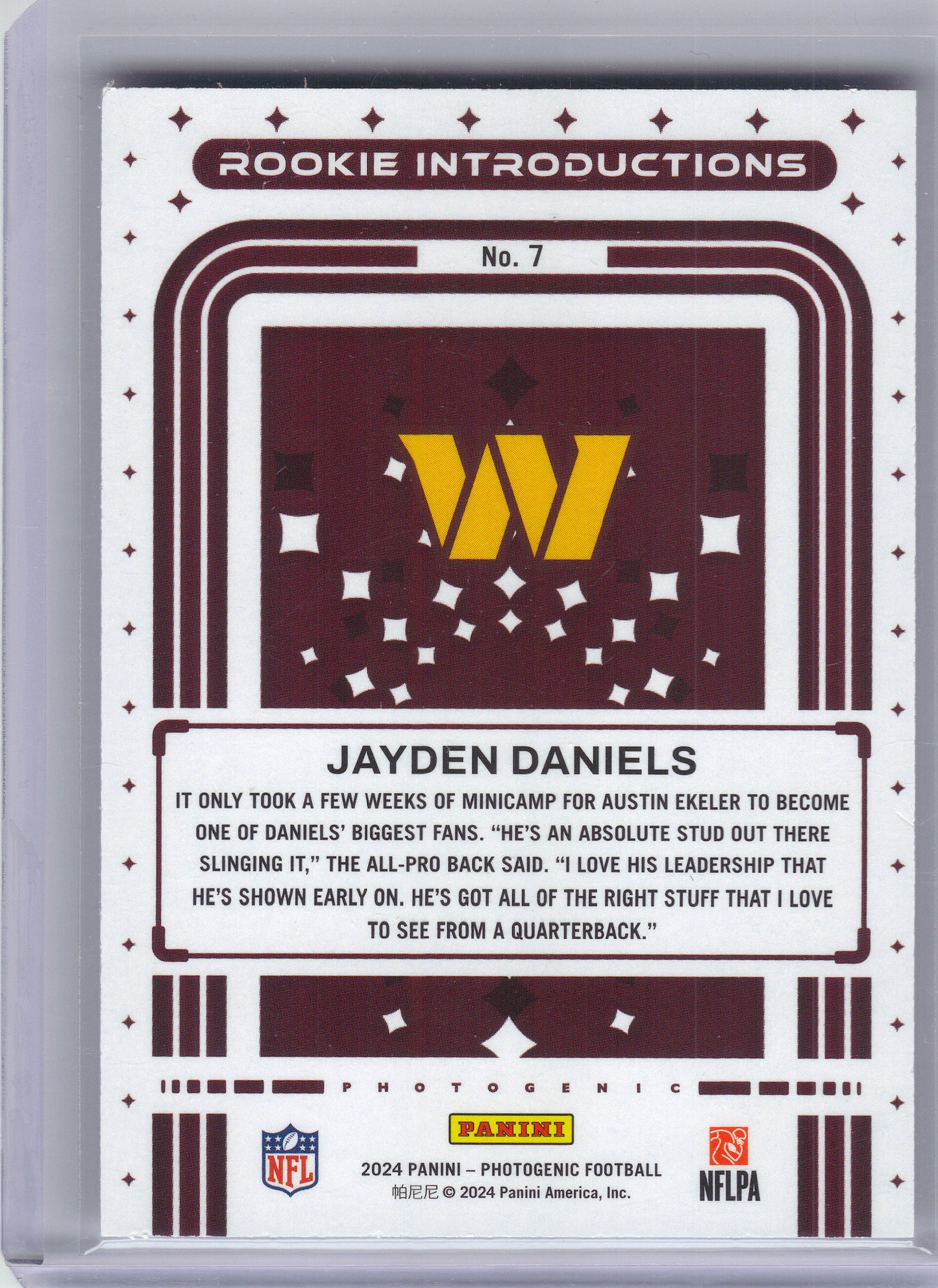 2024 Panini Photogenic #7 Jayden Daniels Rookie Introductions Washington Commanders