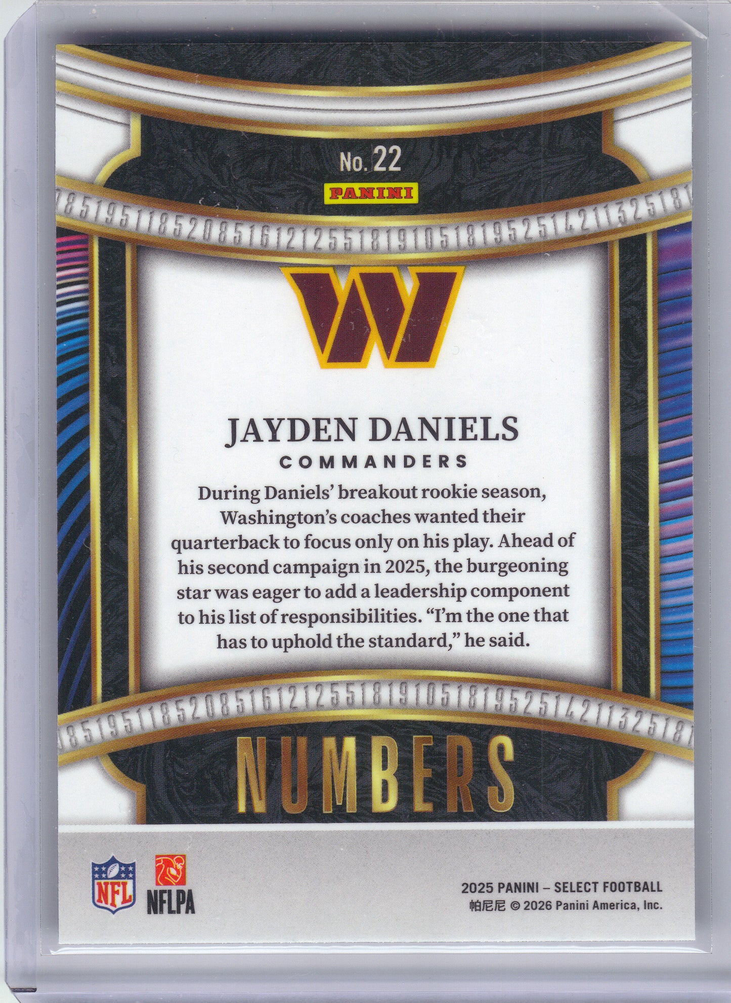 2025 Panini Select #22 Jayden Daniels Select Numbers Washington Commanders