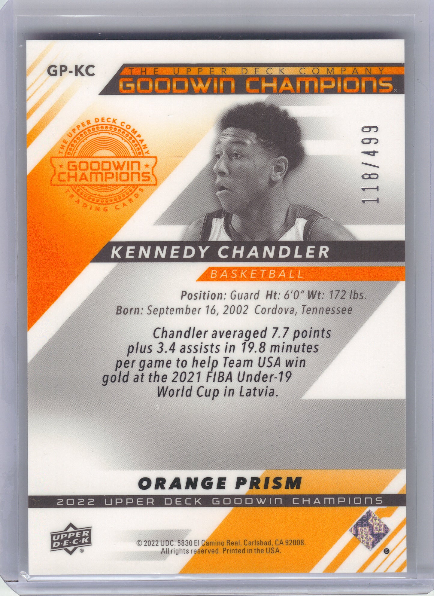 2022 Upper Deck Goodwin Champions #GP-KC Kennedy Chandler Platinum High Series Orange Prism #/499 SN