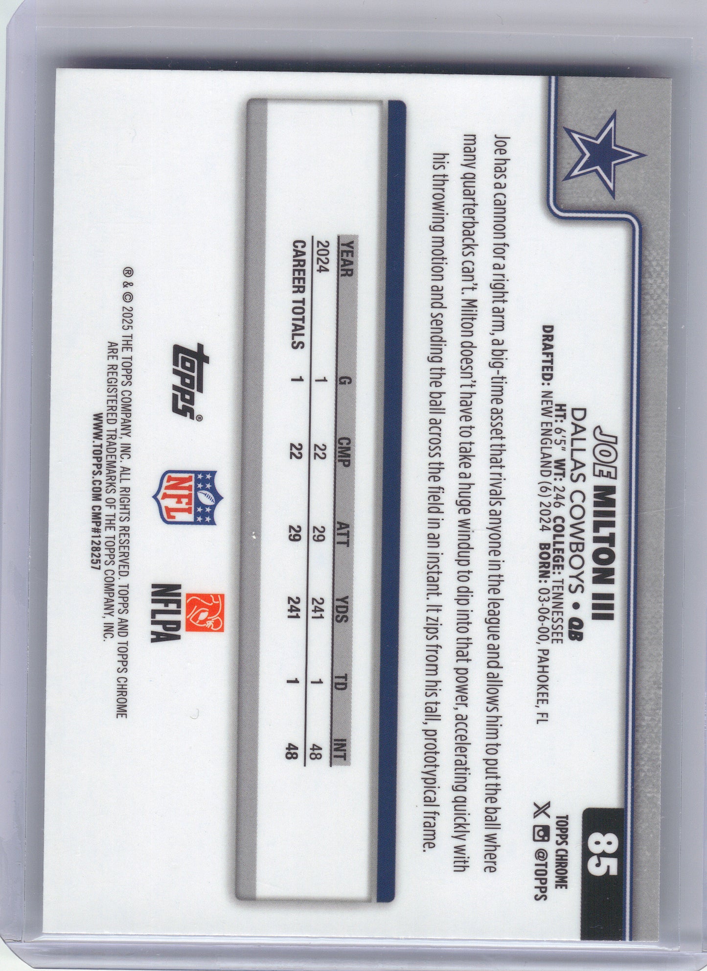 2025 Topps Chrome #85 Joe Milton III Ray Wave Refractor Dallas Cowboys