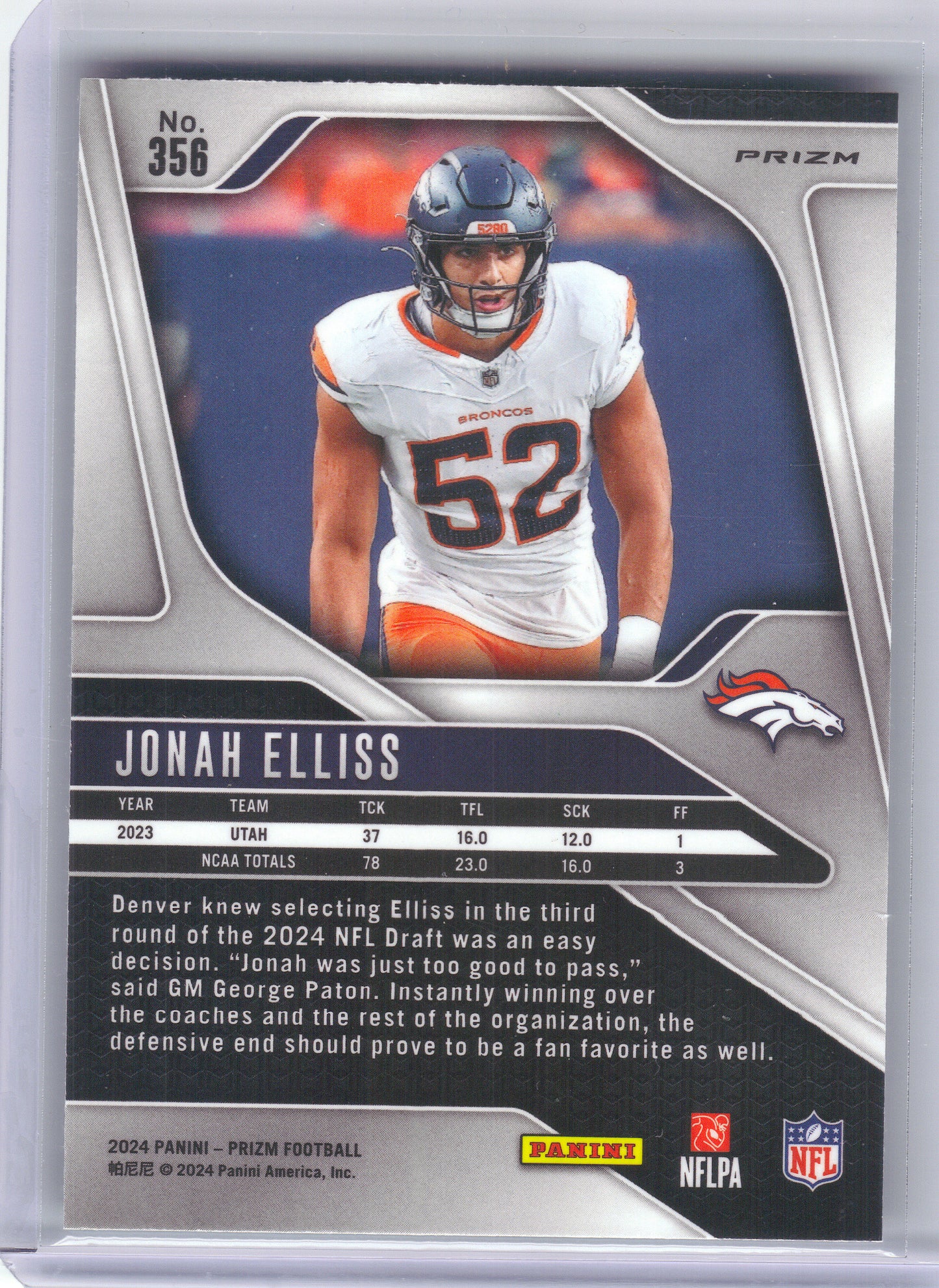 2024 Panini Prizm #356 Jonah Elliss Green Wave Denver Broncos RC
