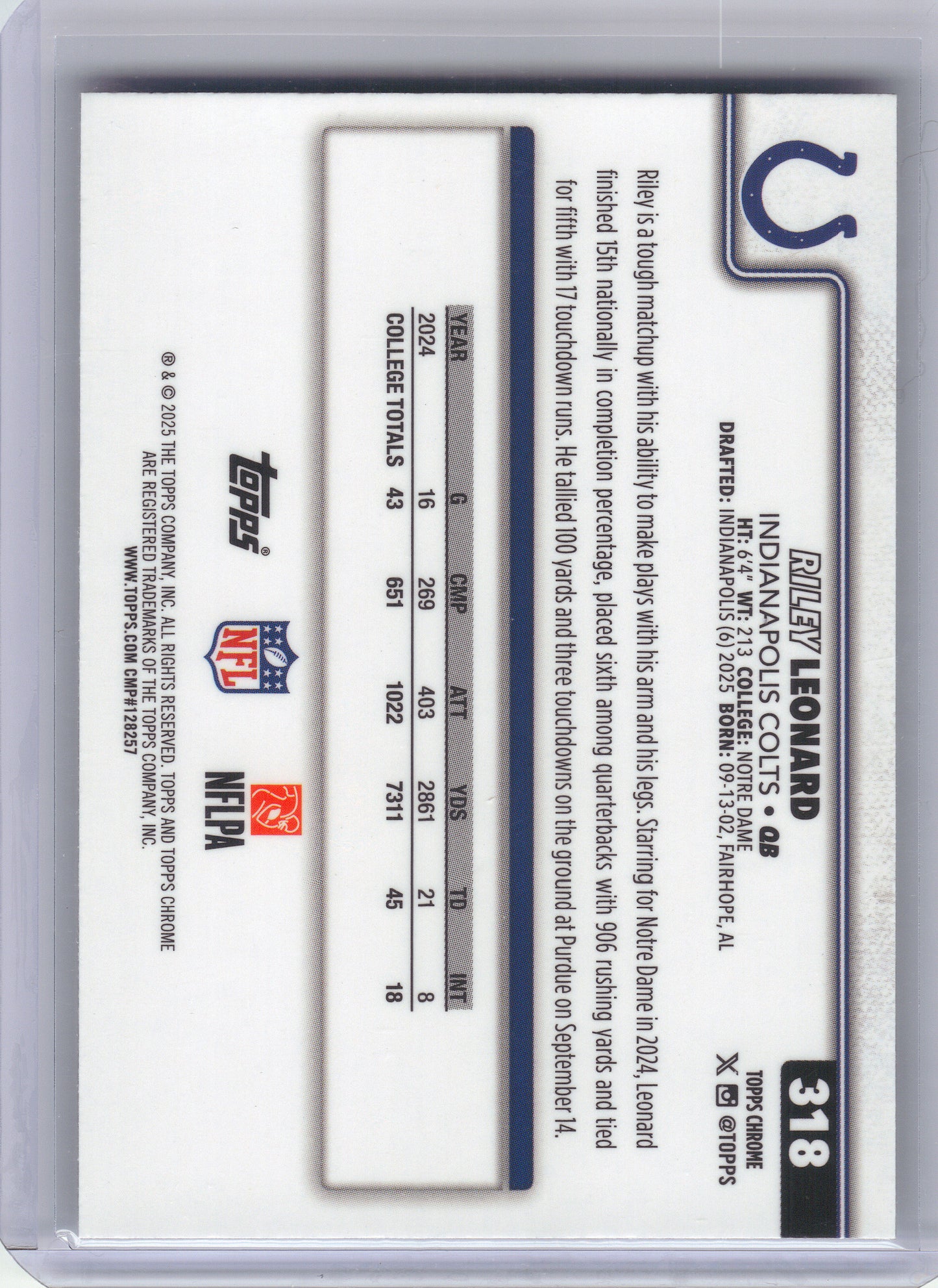 2025 Topps Chrome #318 Riley Leonard X-Fractor Indianapolis Colts RC