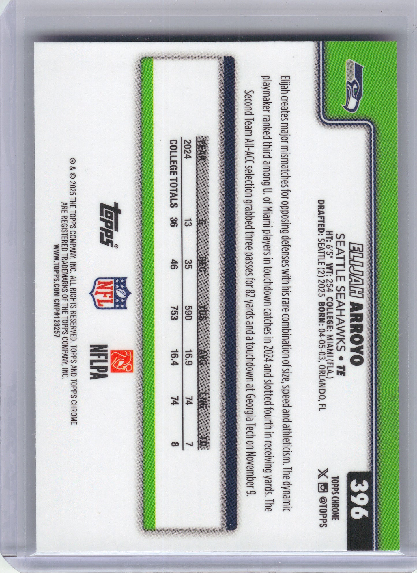 2025 Topps Chrome #396 Elijah Arroyo X-Fractor Seattle Seahawks RC