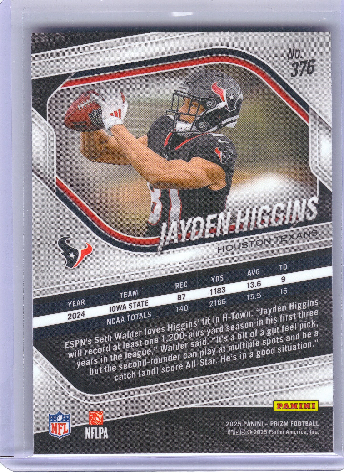 2025 Panini Prizm #376 Jayden Higgins Houston Texans RC