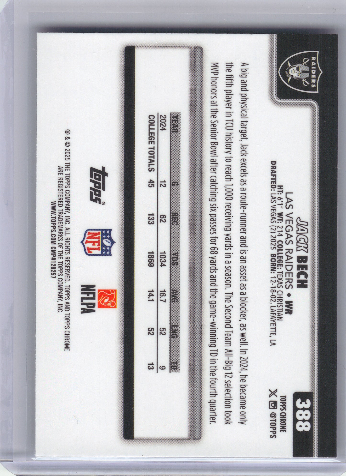 2025 Topps Chrome #388 Jack Bech X-Fractor Las Vegas Raiders RC