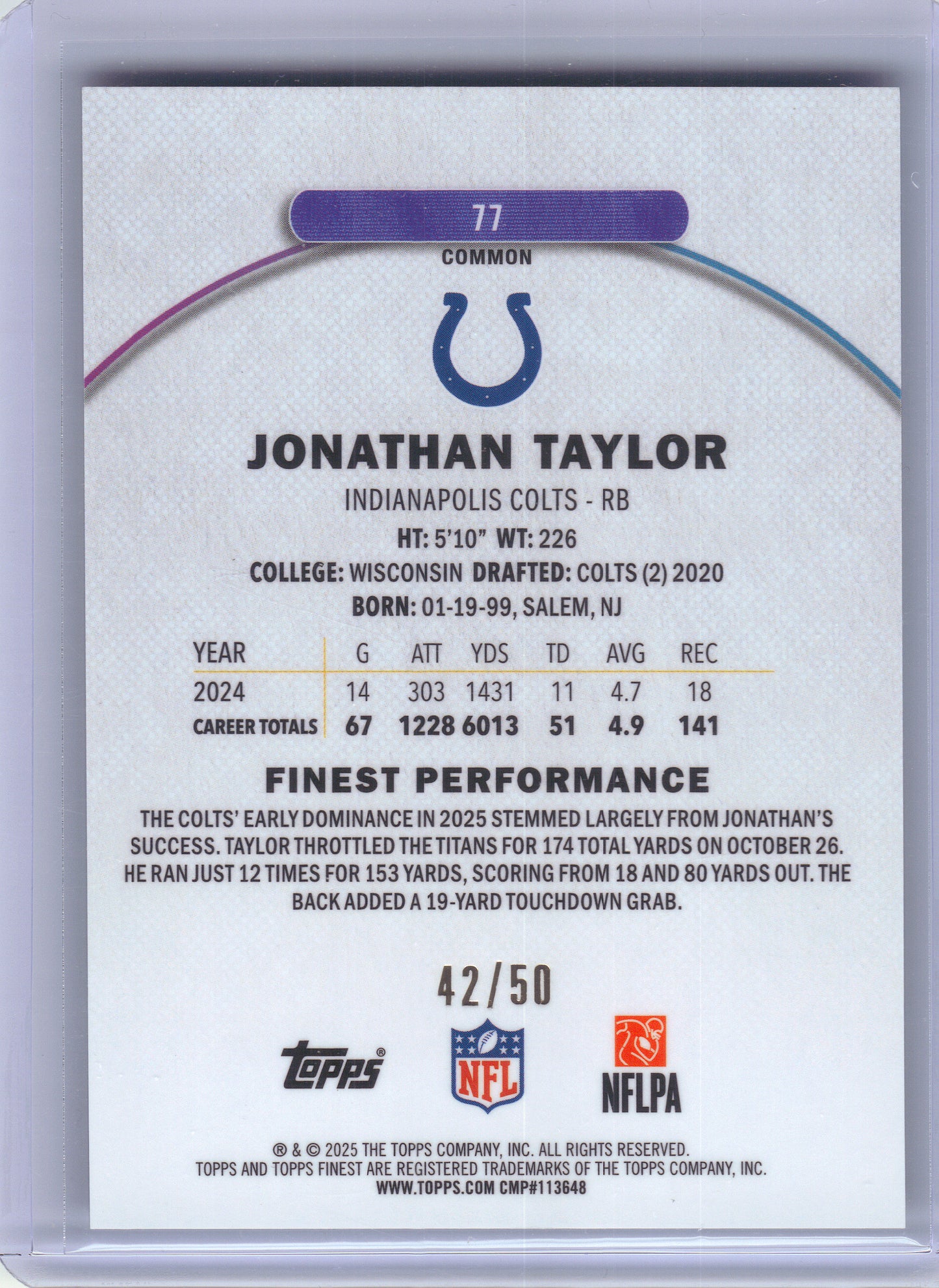 2025 Finest #77 Jonathan Taylor Gold Refractor #/50 Indianapolis Colts SN