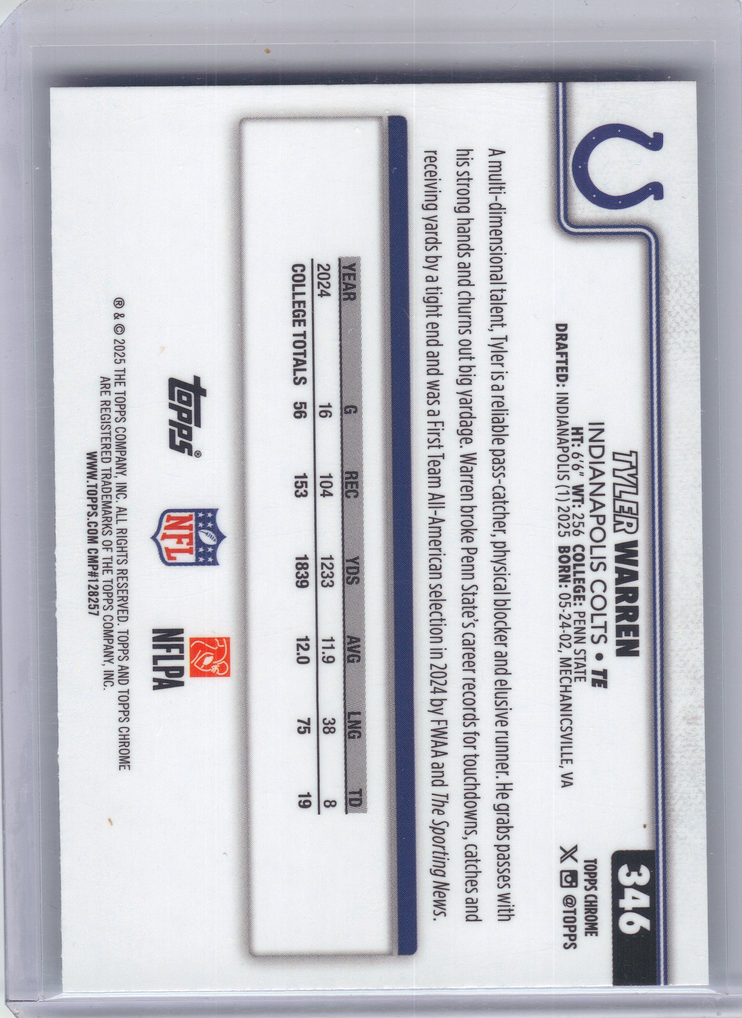 2025 Topps Chrome #346 Tyler Warren Teal Refractor #/299 Indianapolis Colts SN,RC