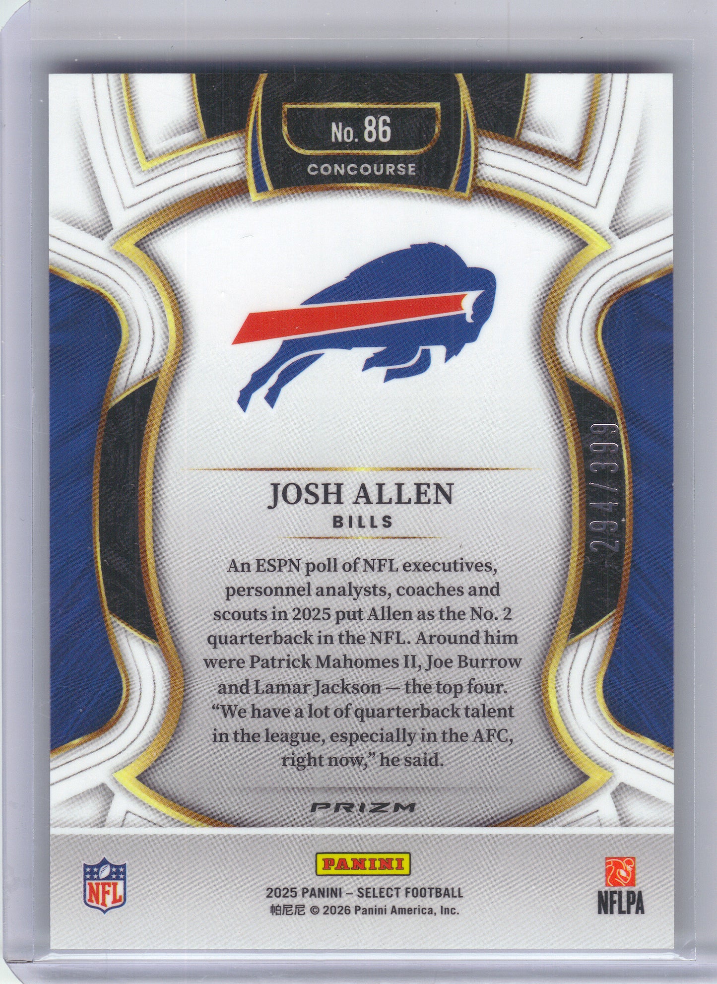 2025 Panini Select #86 Josh Allen Tri-Color Prizm #/399 Buffalo Bills SN