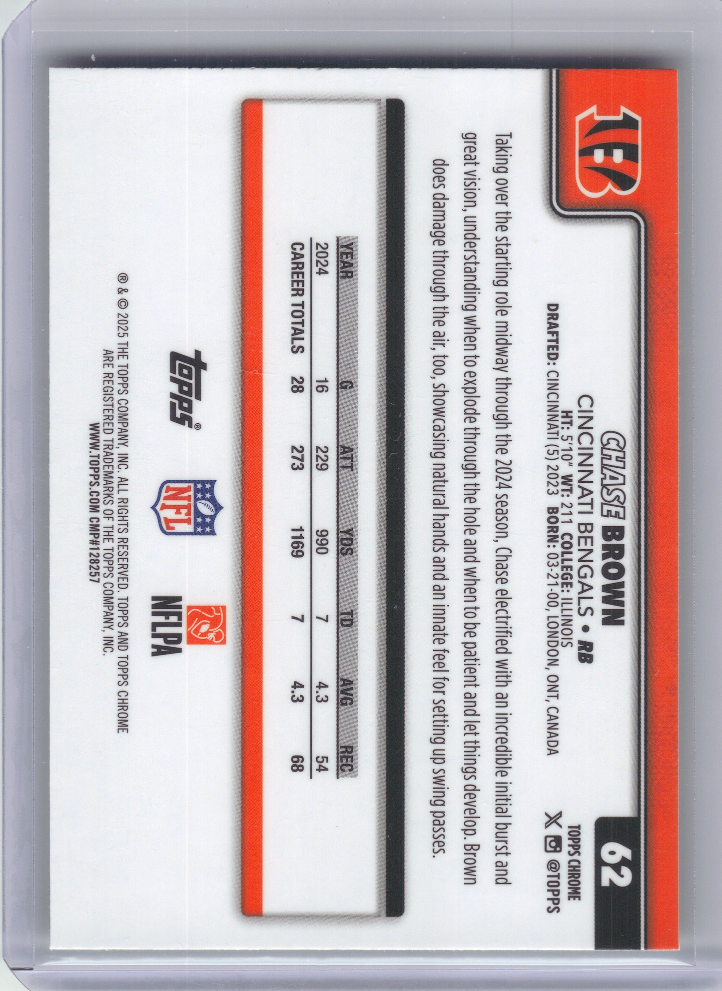 2025 Topps Chrome #62 Chase Brown Lime Green X-Fractor Cincinnati Bengals