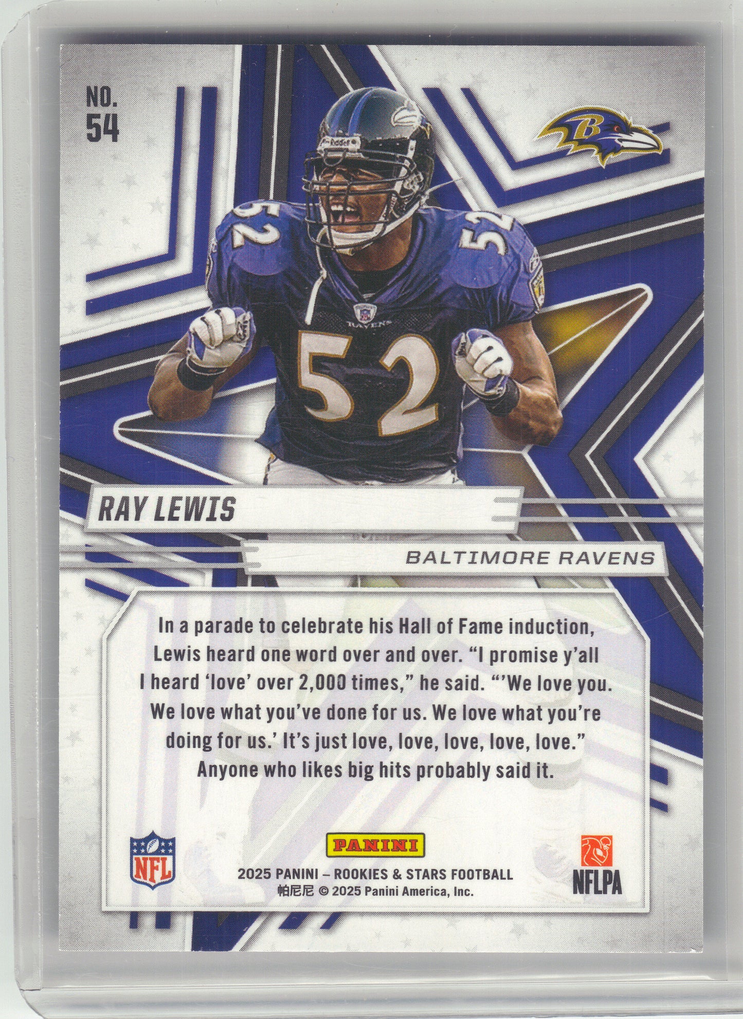 2025 Panini Rookies & Stars #54 Ray Lewis Purple #/999 Baltimore Ravens SN