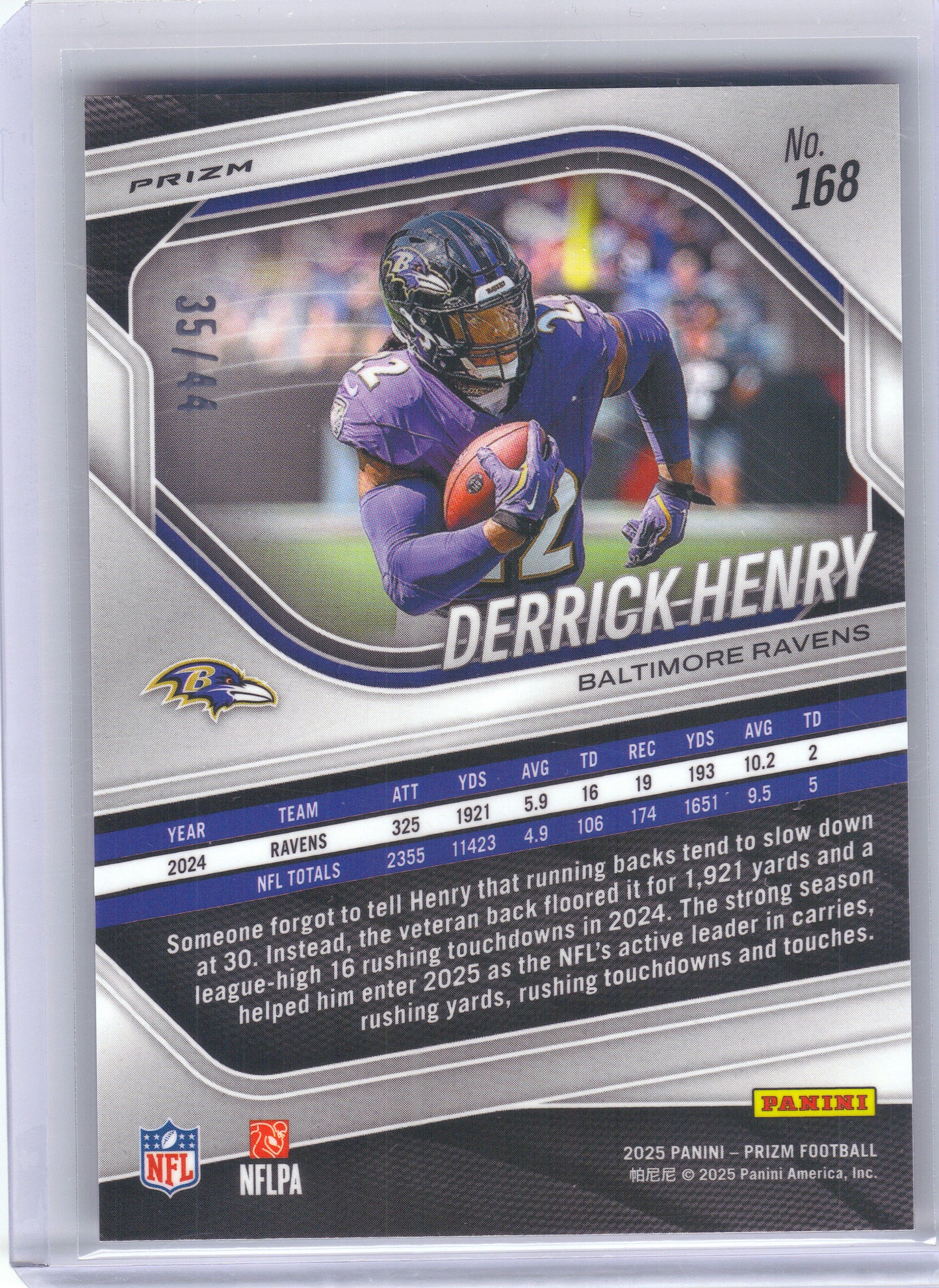 2025 Panini Prizm #168 Derrick Henry Red and Yellow #/44 Baltimore Ravens SN