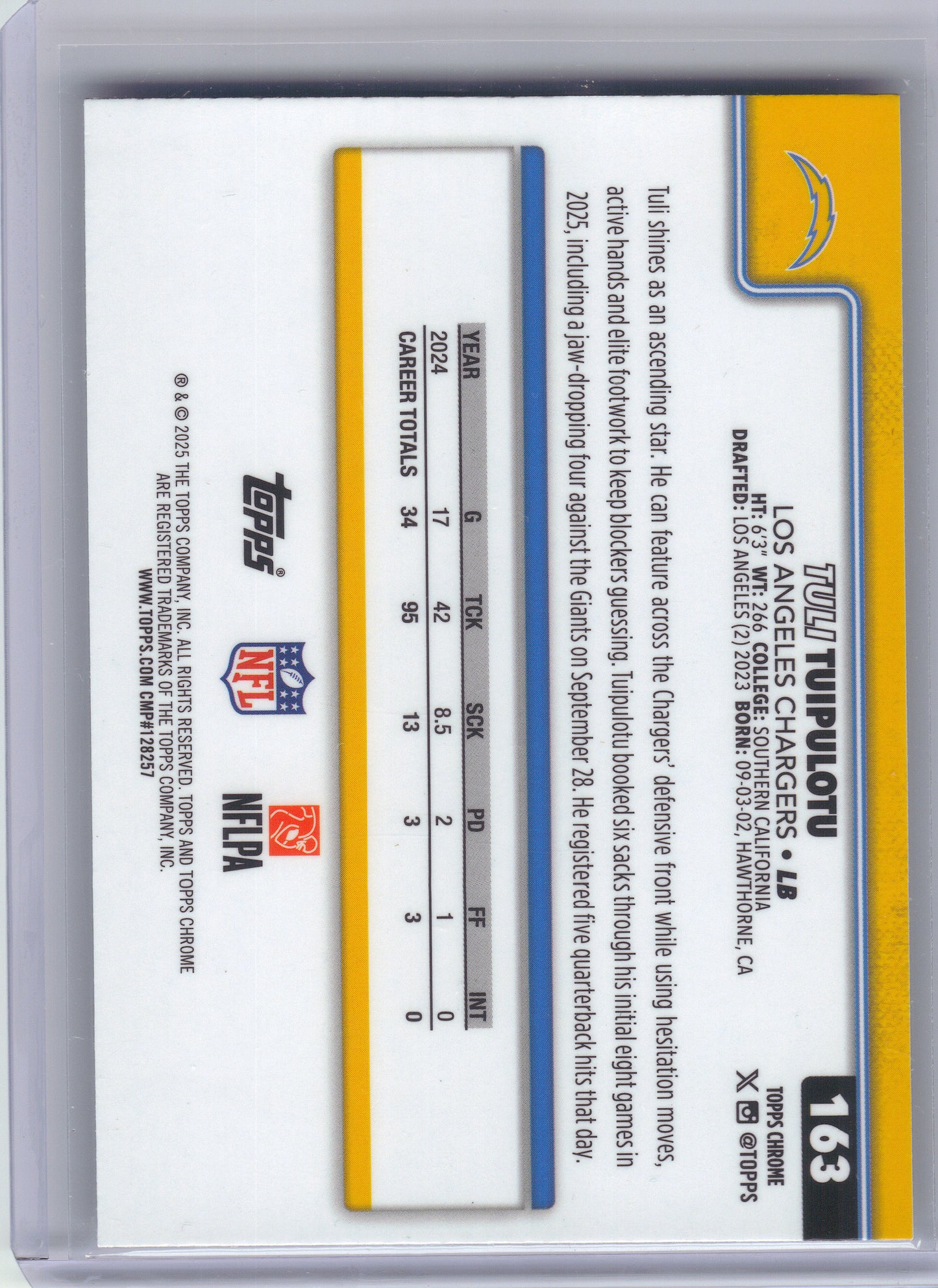 2025 Topps Chrome #163 Tuli Tuipulotu Prism Refractor Los Angeles Chargers