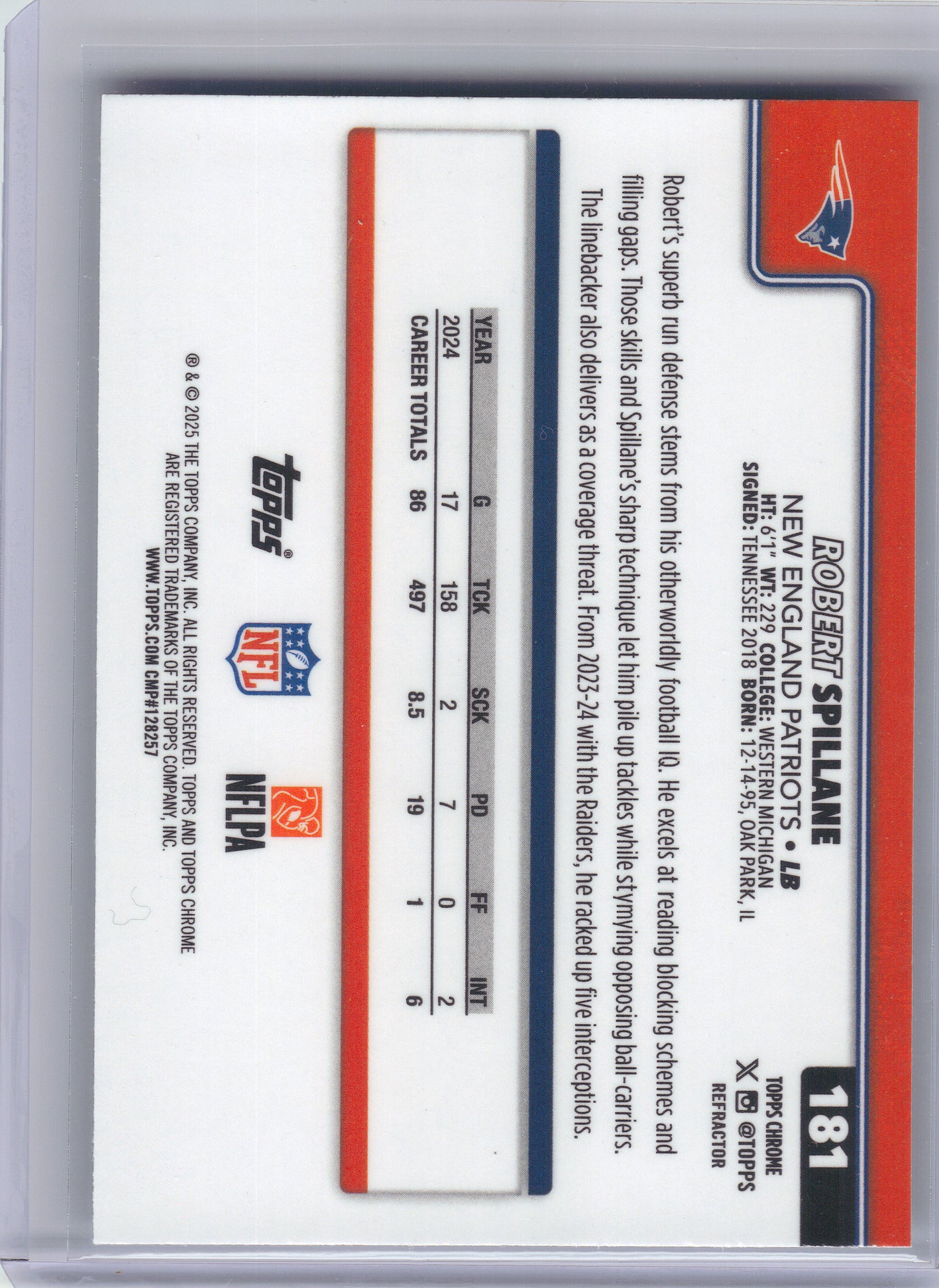 2025 Topps Chrome #181 Robert Spillane Refractor New England Patriots