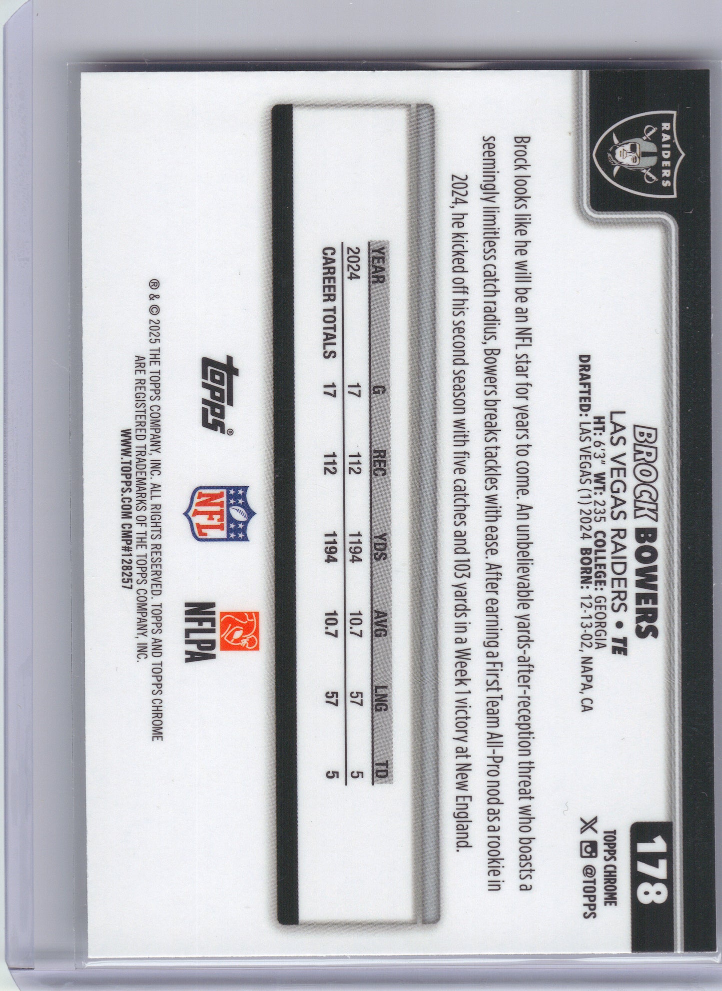 2025 Topps Chrome #178 Brock Bowers Las Vegas Raiders